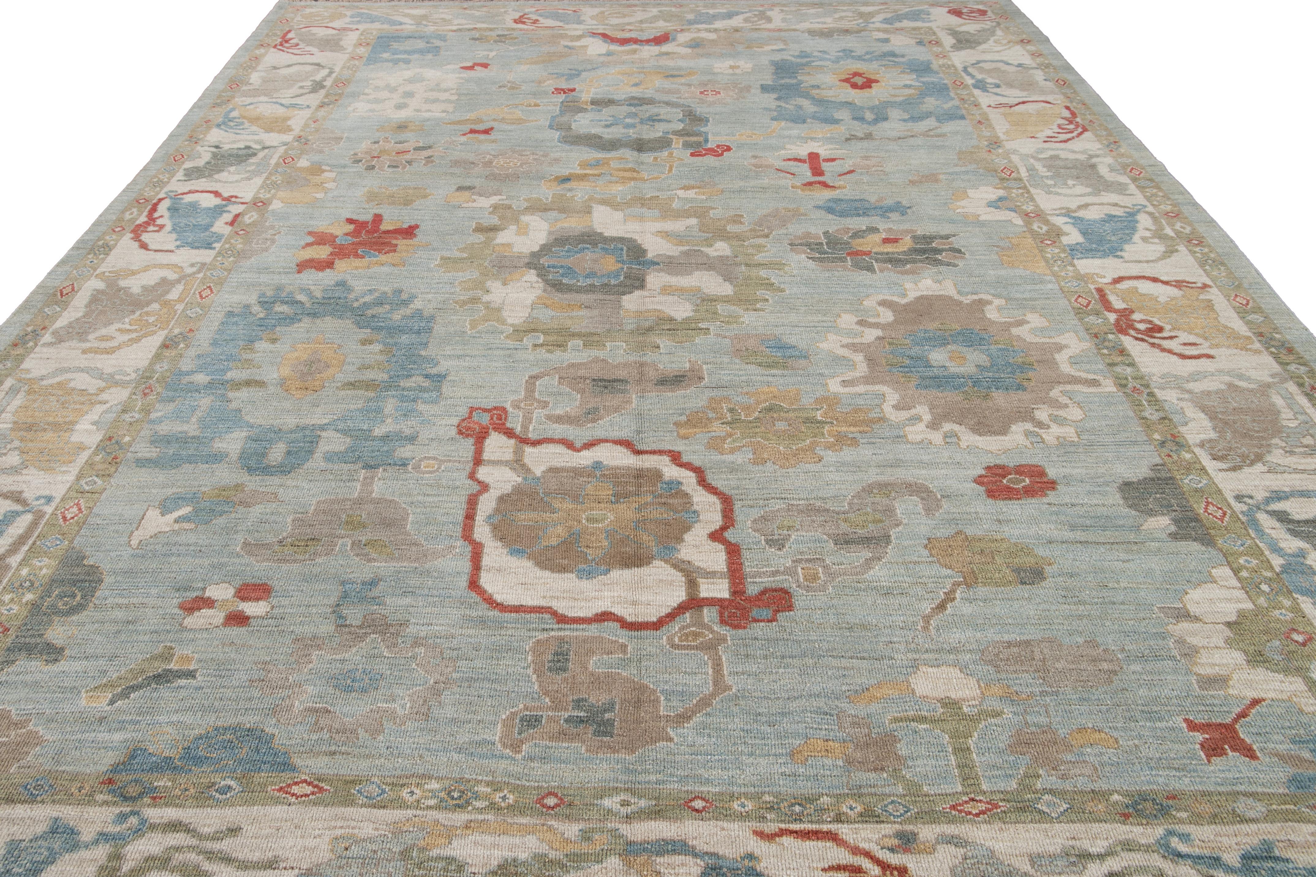 Asian Modern Blue Sultanabad Handmade Wool Rug For Sale