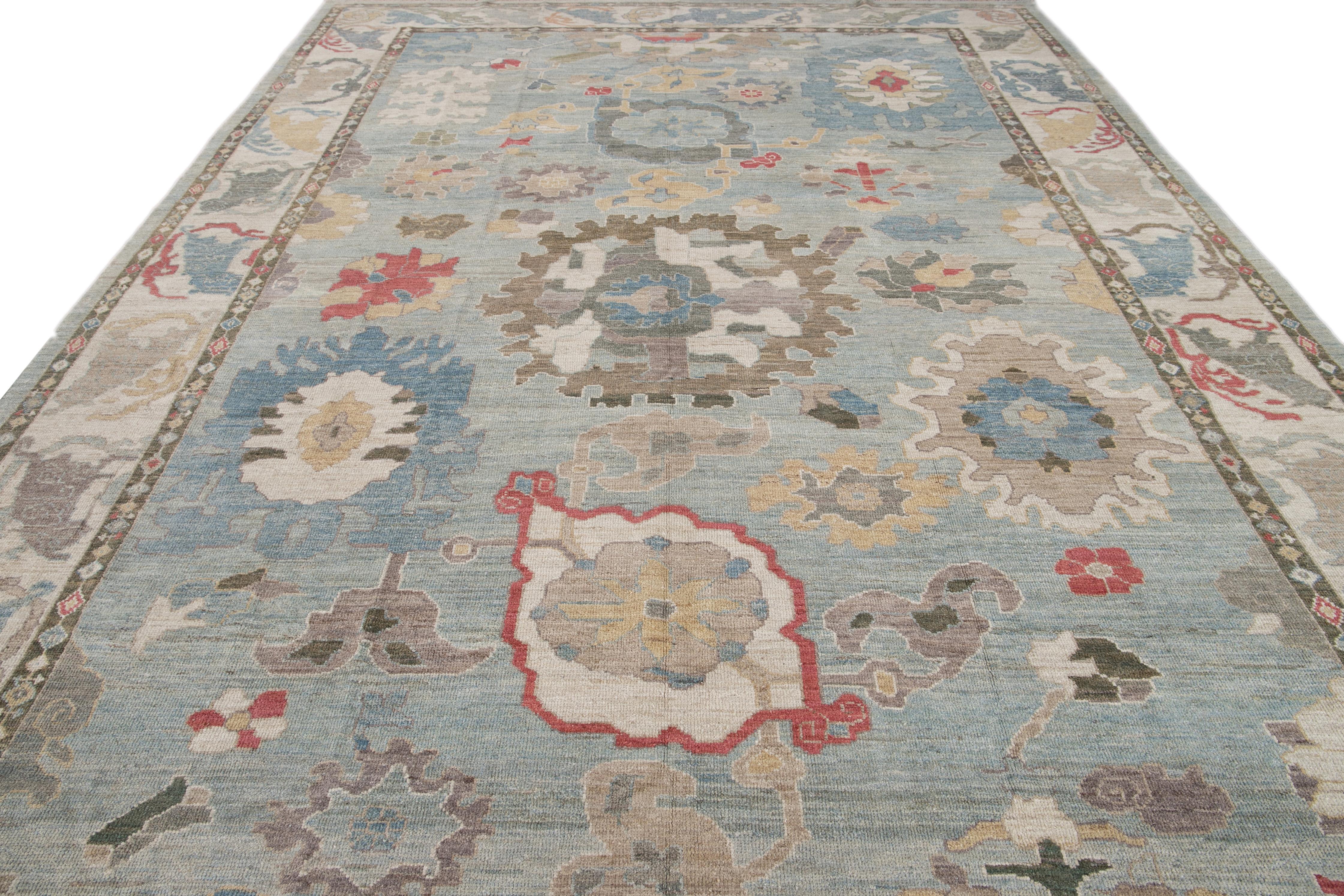 Persian Modern Blue Sultanabad Handmade Wool Rug For Sale