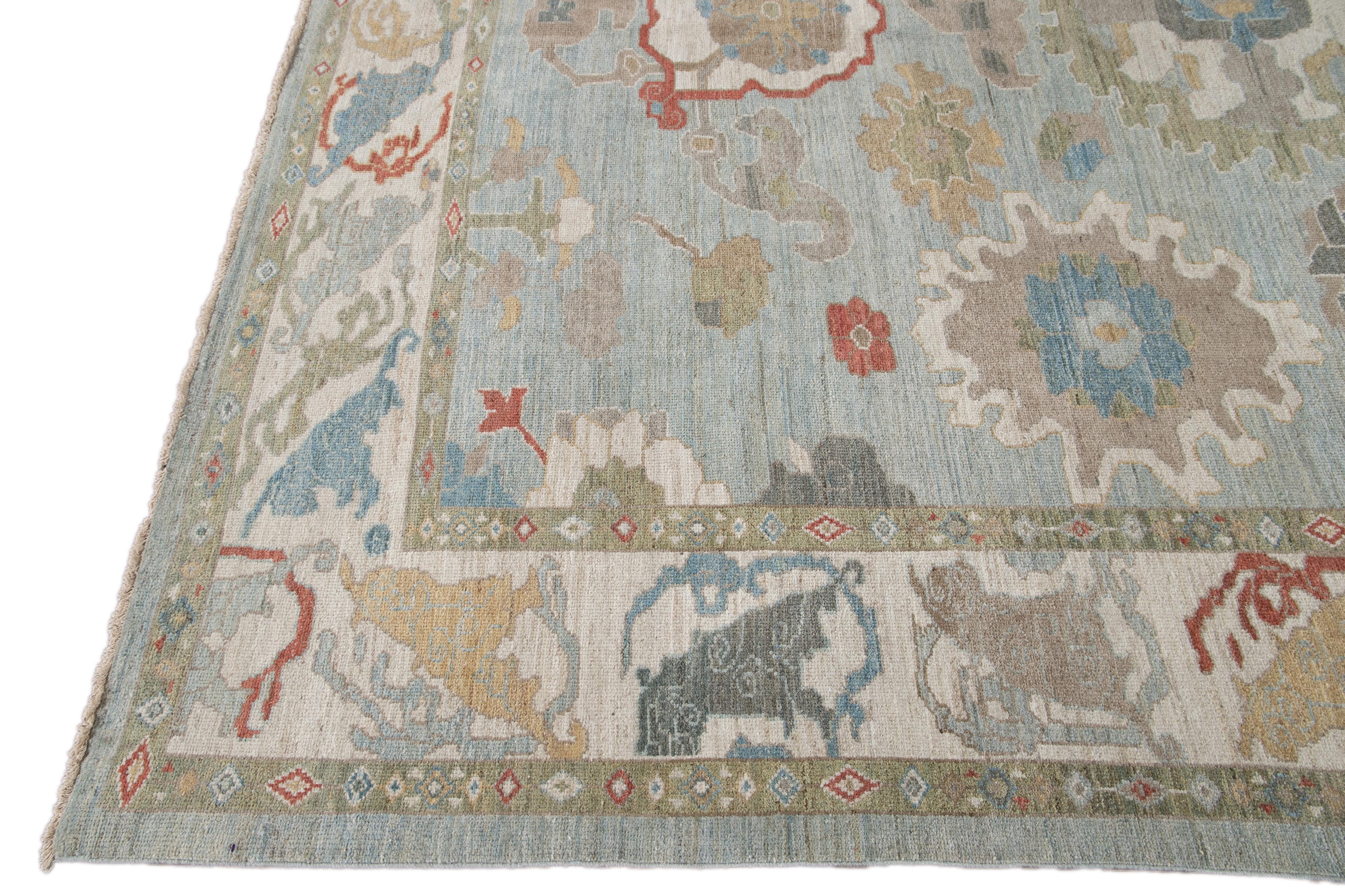 Hand-Knotted Modern Blue Sultanabad Handmade Wool Rug For Sale