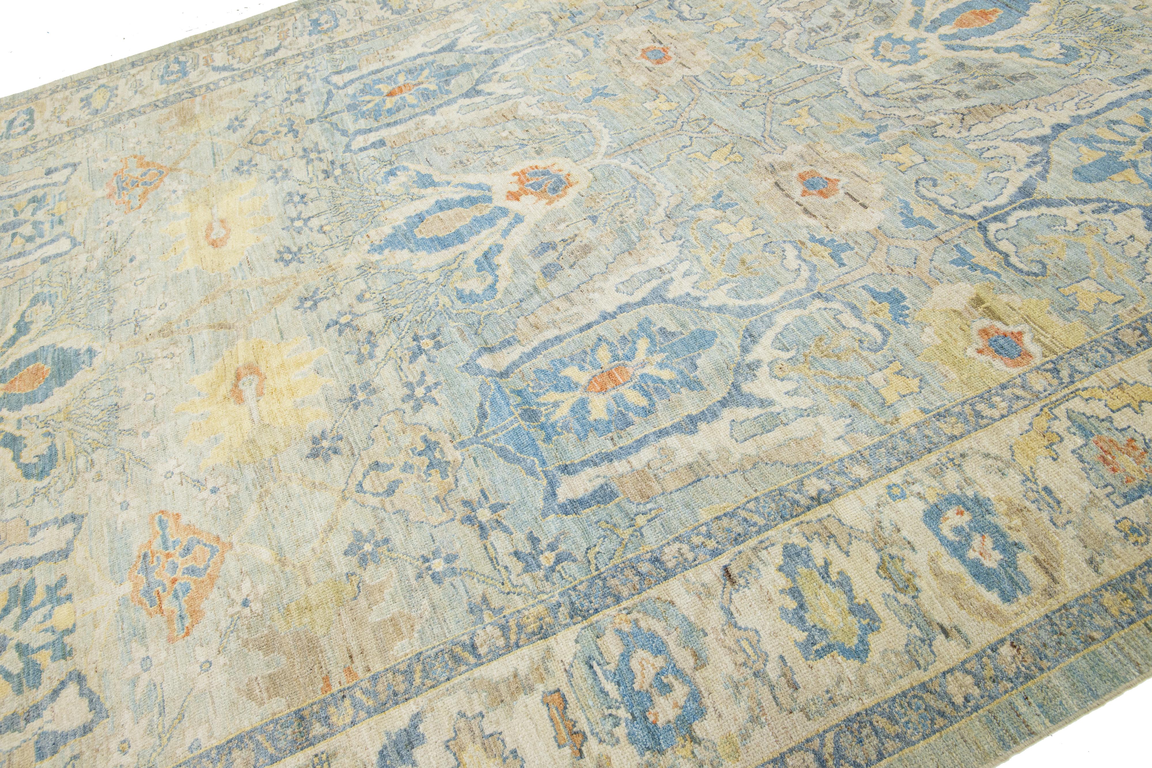 Pakistani Modern Blue Sultanabad Wool Rug Handmade Allover Floral  For Sale