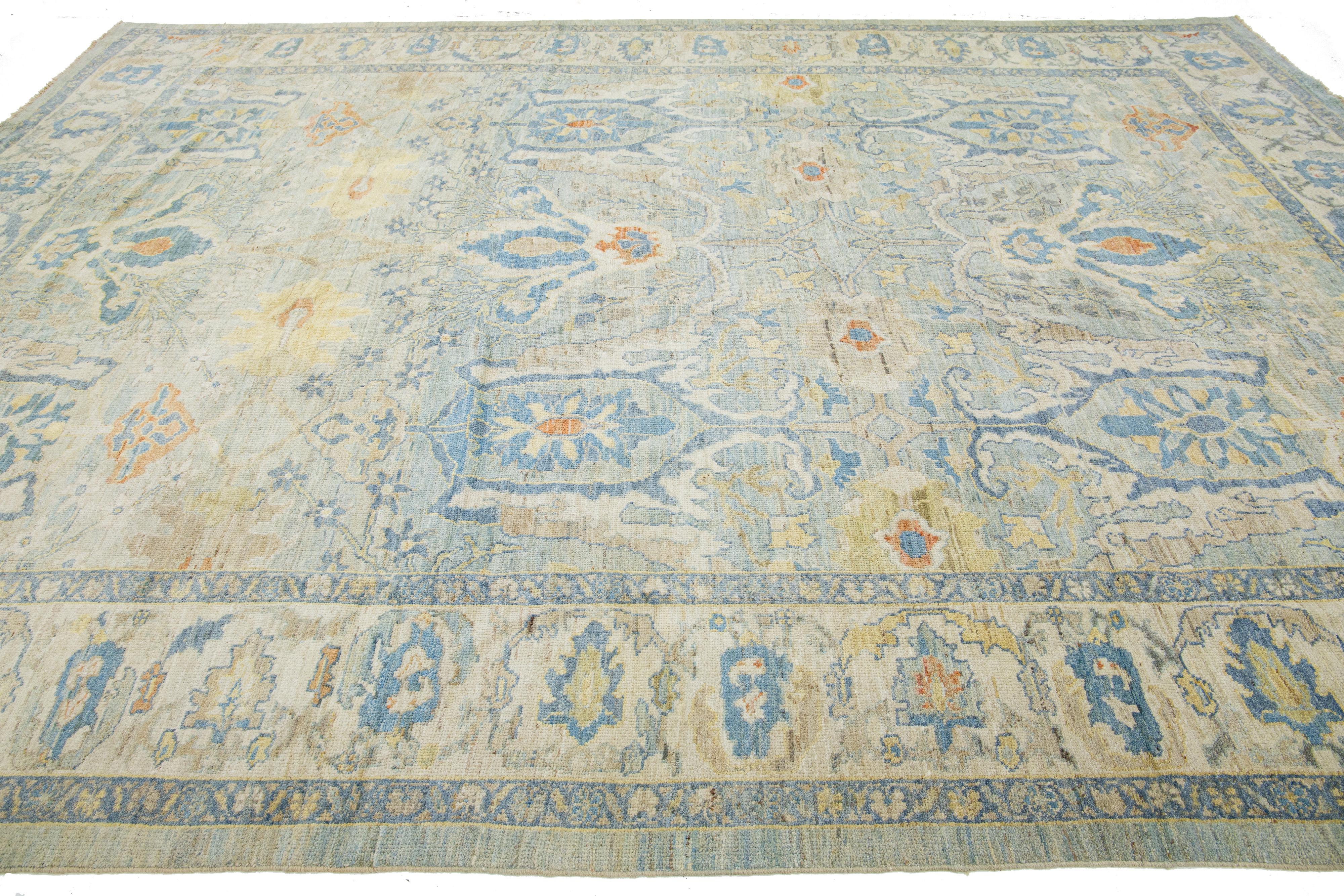 Hand-Knotted Modern Blue Sultanabad Wool Rug Handmade Allover Floral  For Sale
