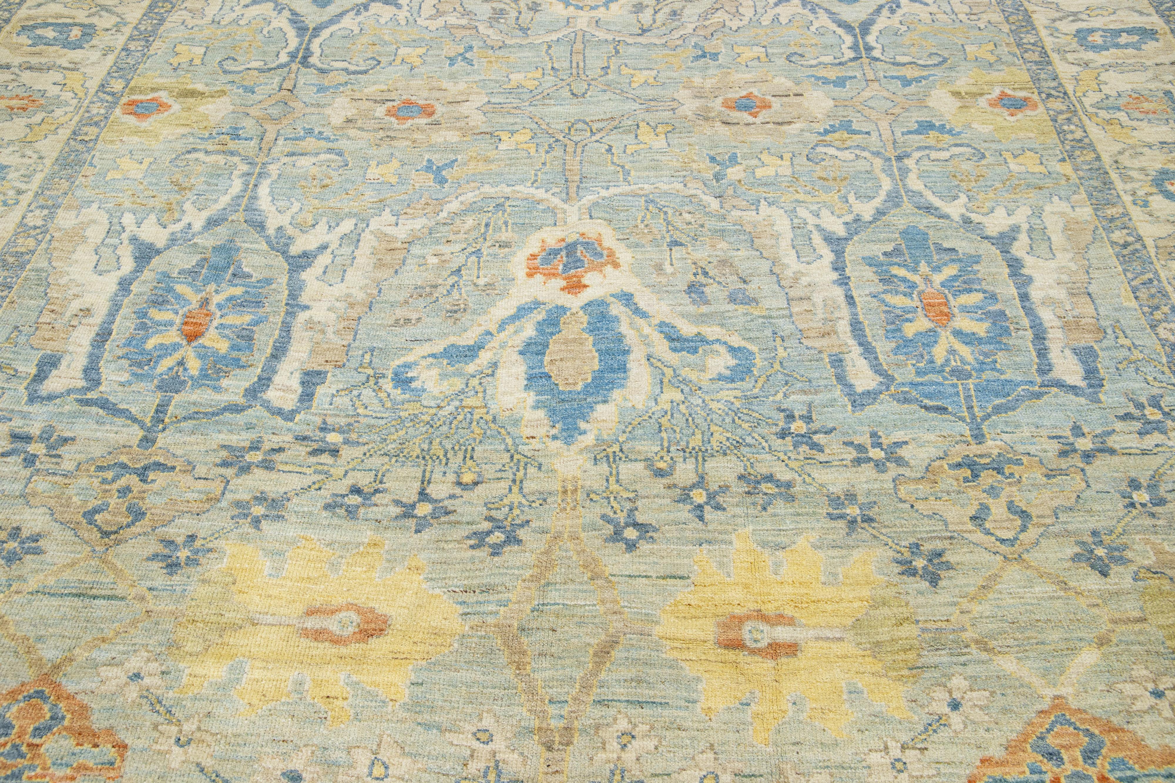 Contemporary Modern Blue Sultanabad Wool Rug Handmade Allover Floral  For Sale