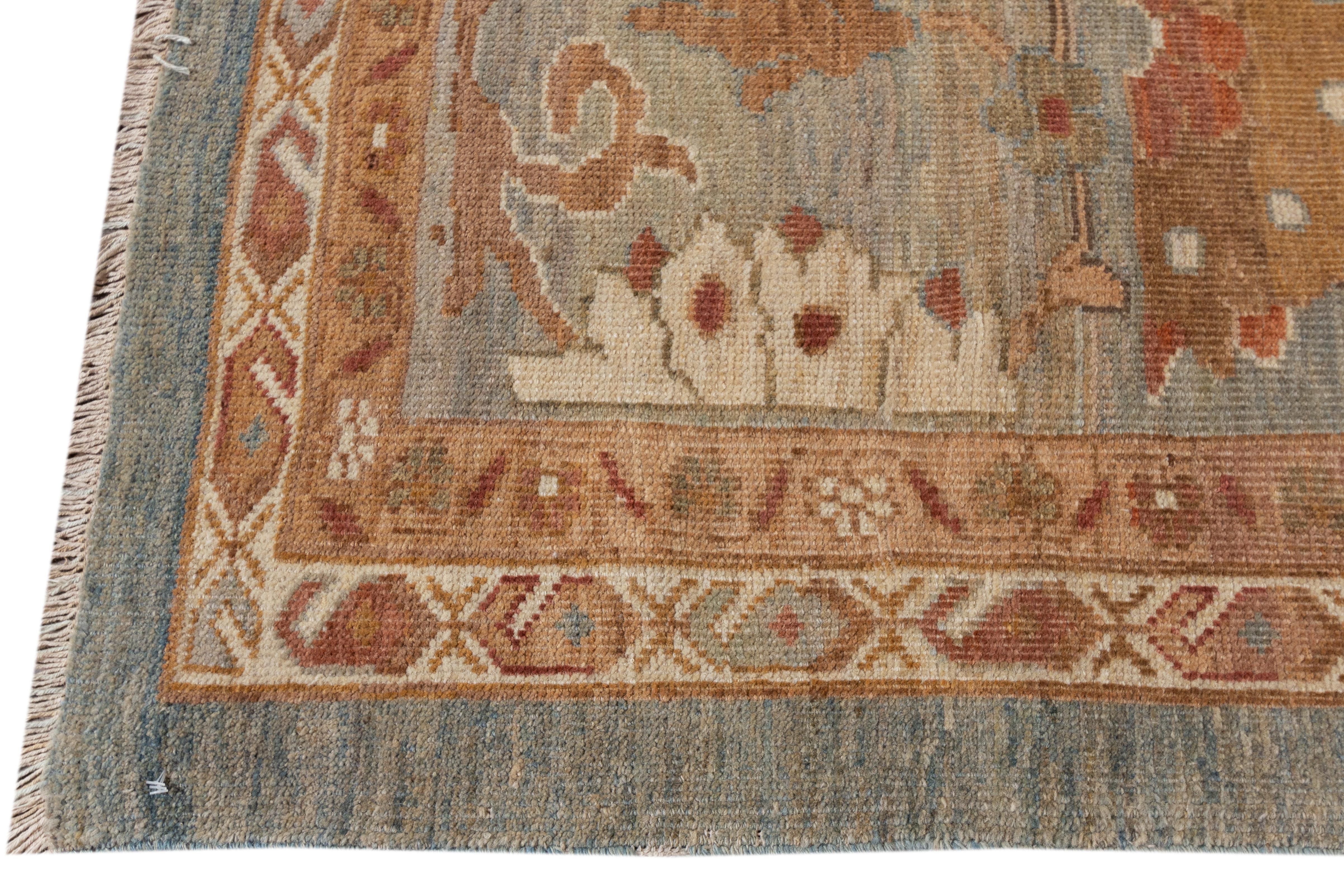 Pakistani Modern Blue Sultanabad Wool Rug Handmade with Floral Design For Sale