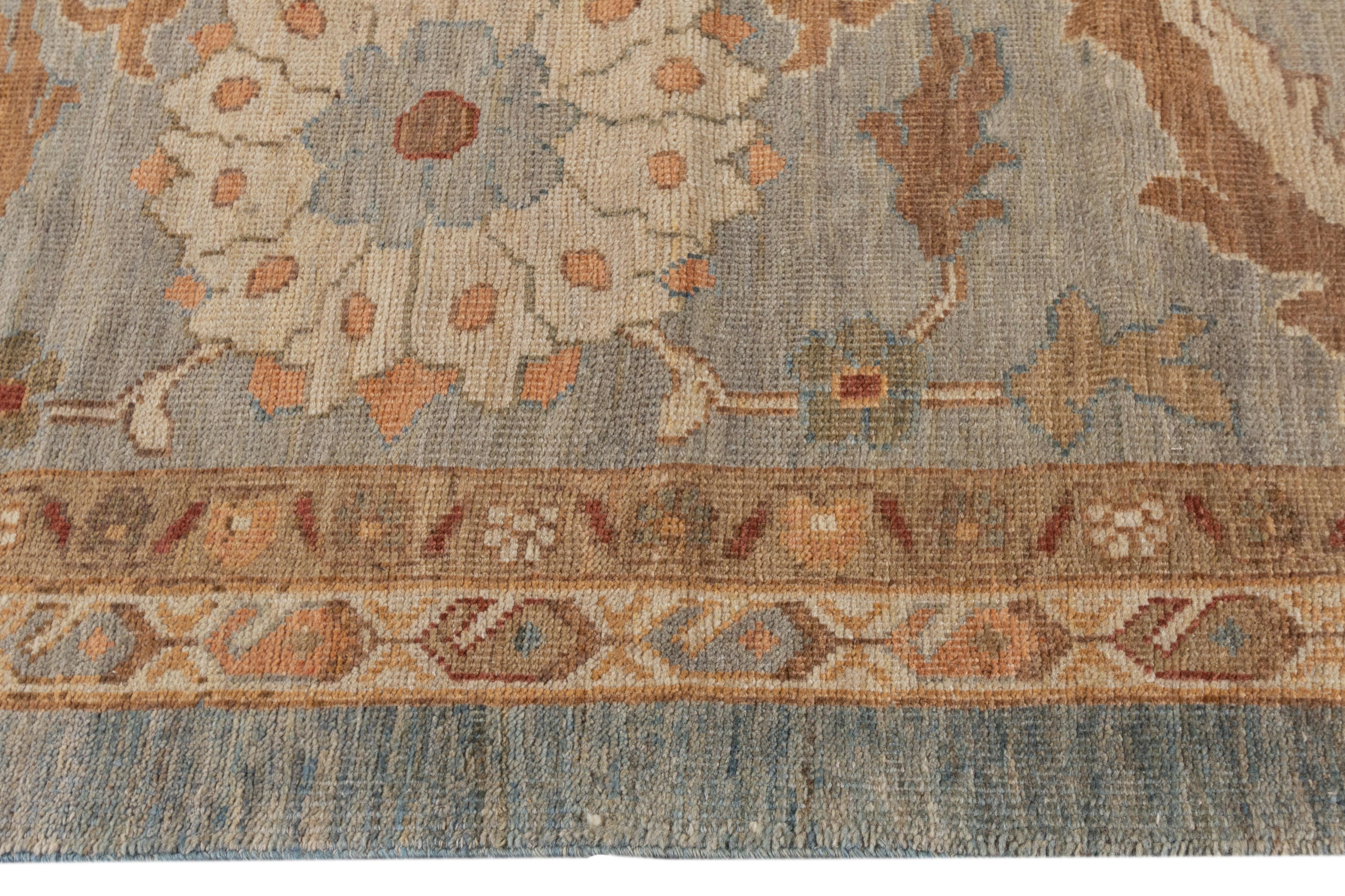 Modern Blue Sultanabad Wool Rug Handmade with Floral Design In New Condition For Sale In Norwalk, CT
