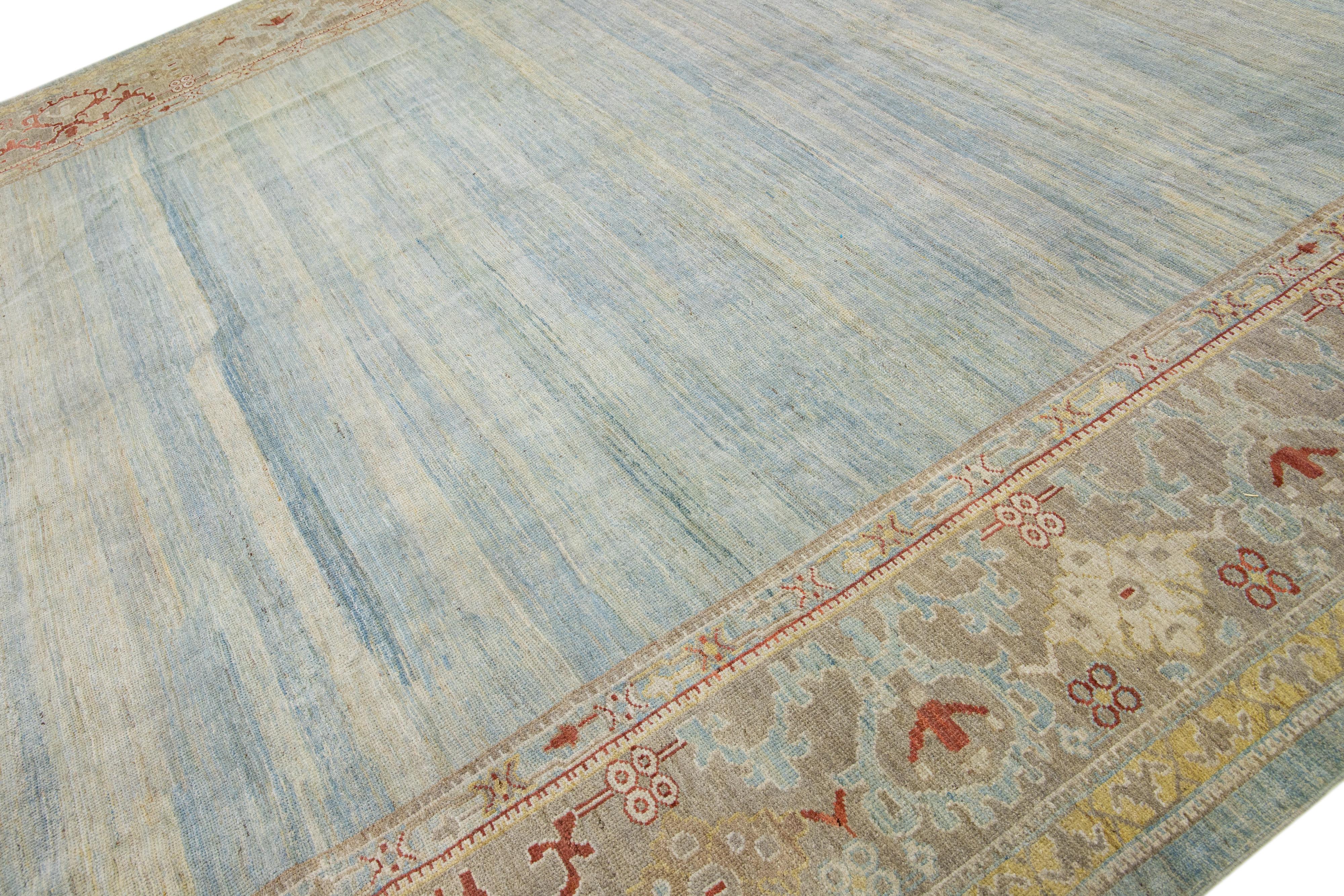 Pakistani Modern Blue Sultanabad Wool Rug With Floral Motif For Sale