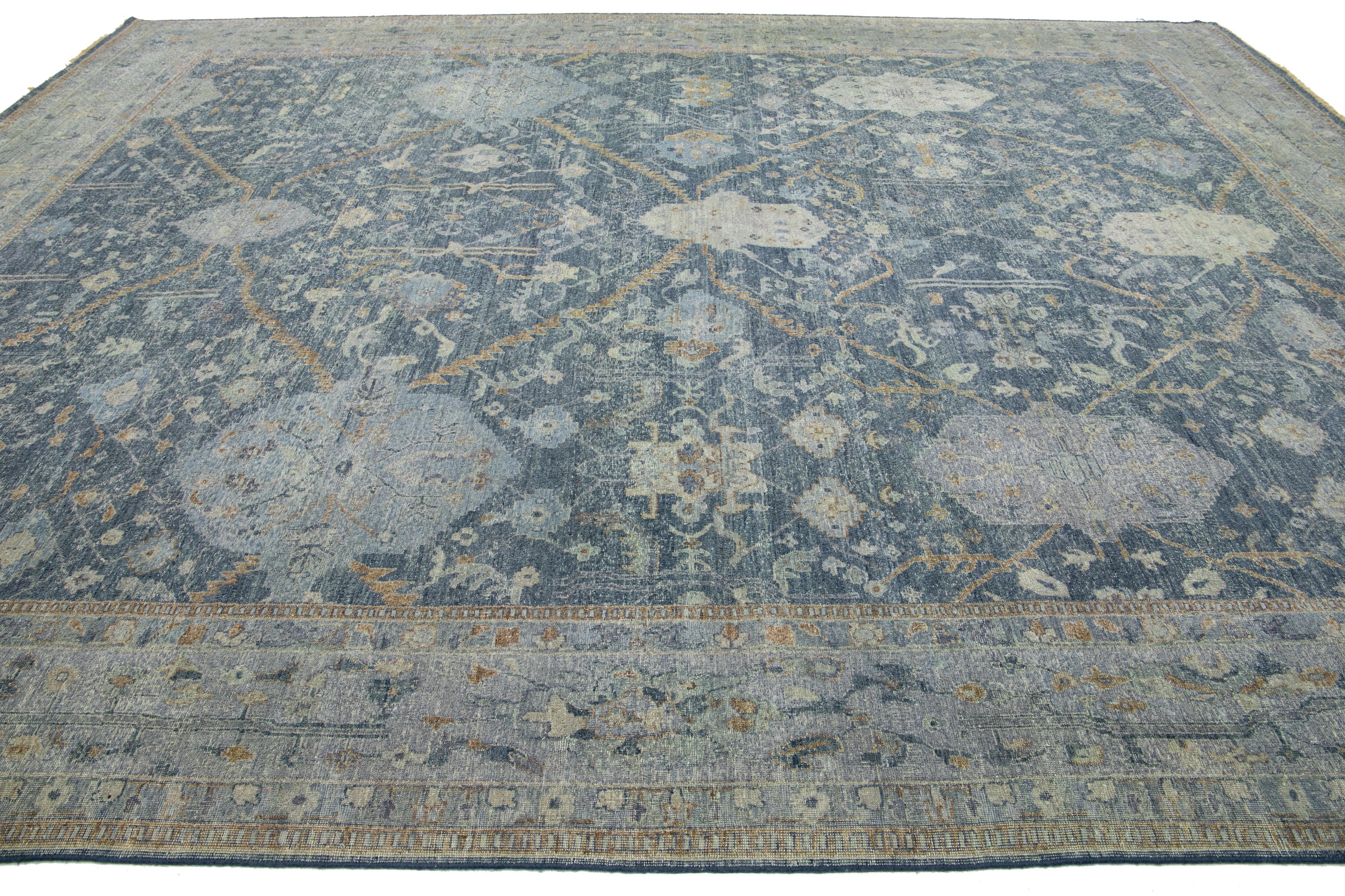 Hand-Knotted Modern Blue Tabriz Indian Wool Rug Handmade with Allover Pattern by Apadana For Sale