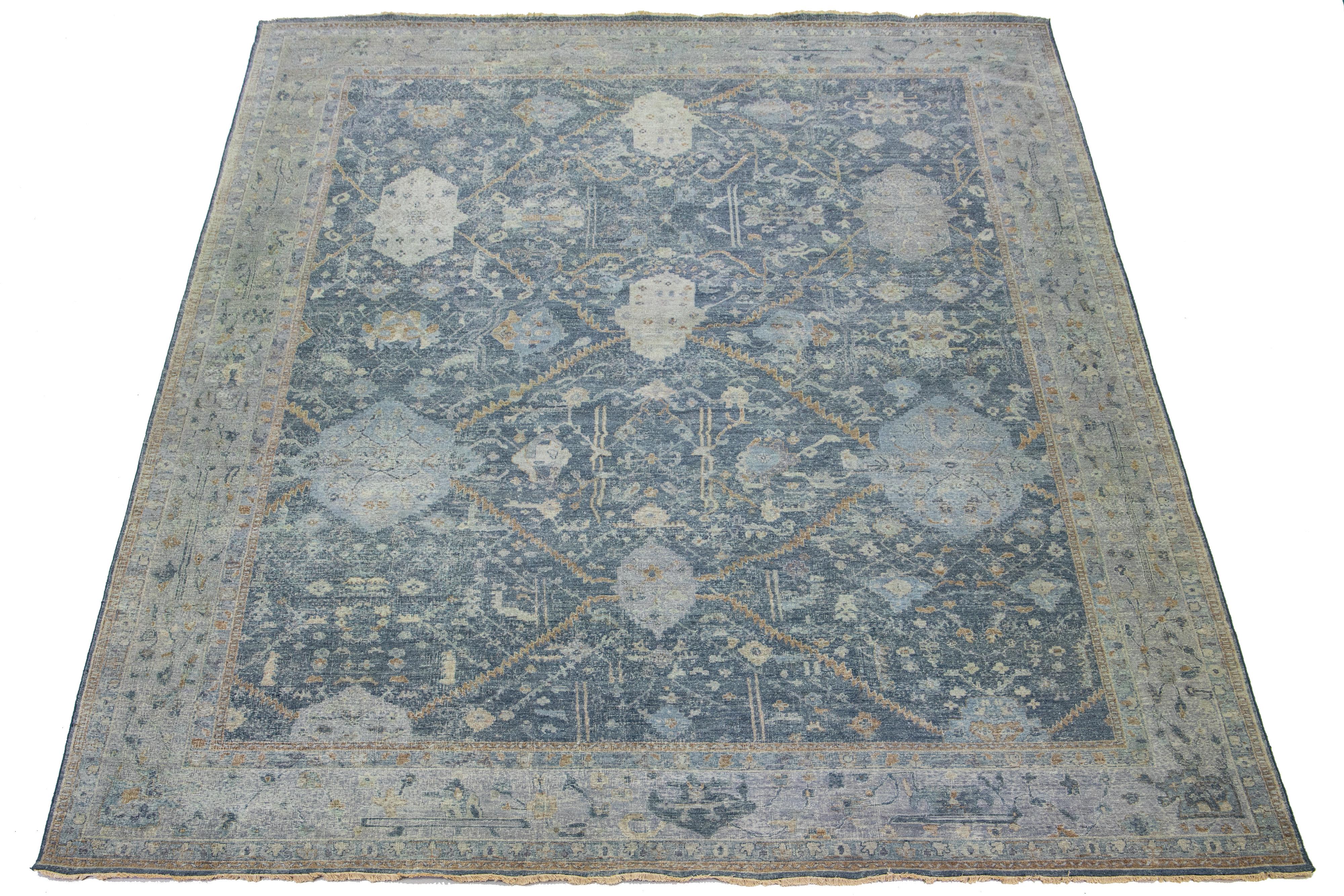 Contemporary Modern Blue Tabriz Indian Wool Rug Handmade with Allover Pattern by Apadana For Sale
