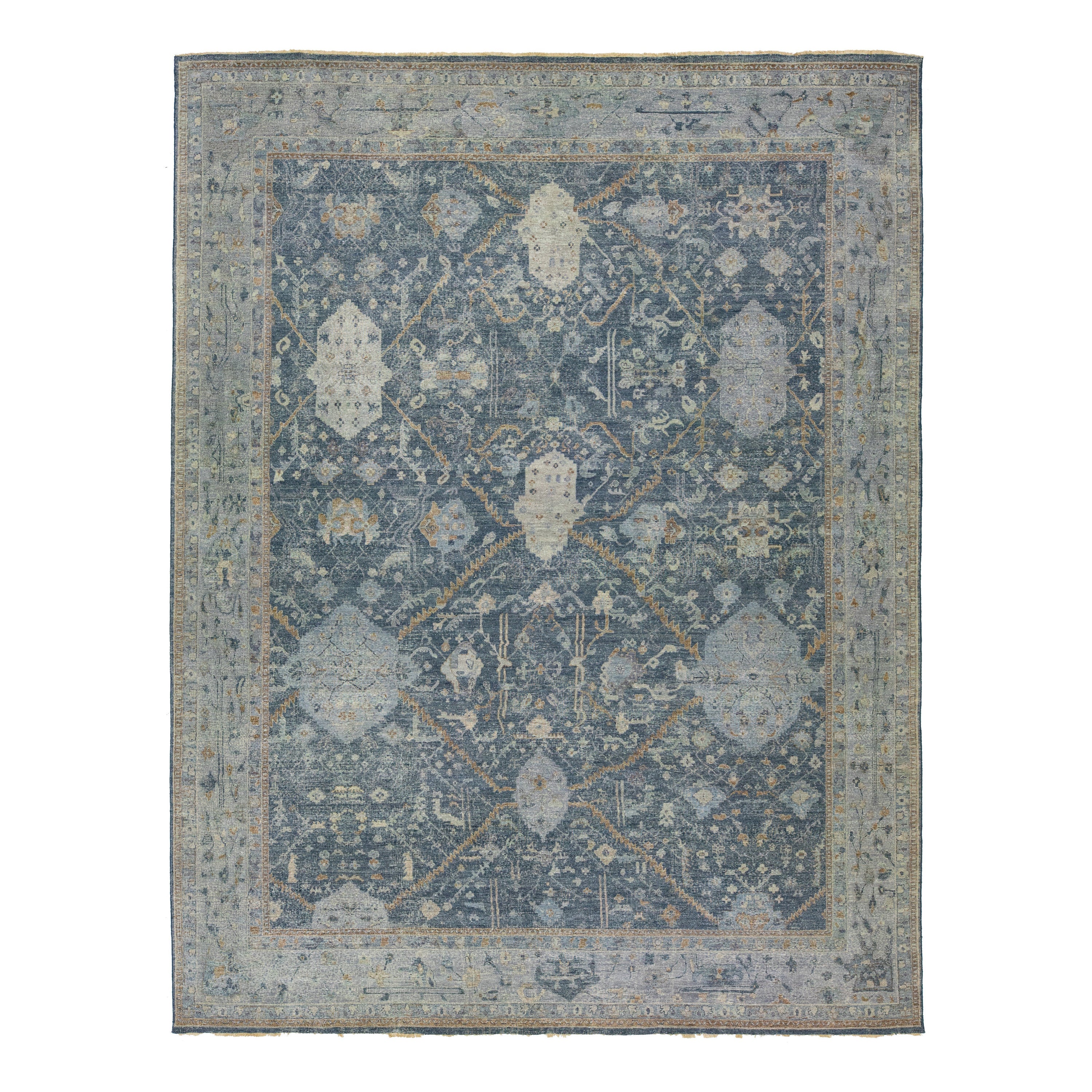 Alfombra moderna de lana india Tabriz azul hecha a mano con motivos allover de Apadana en venta