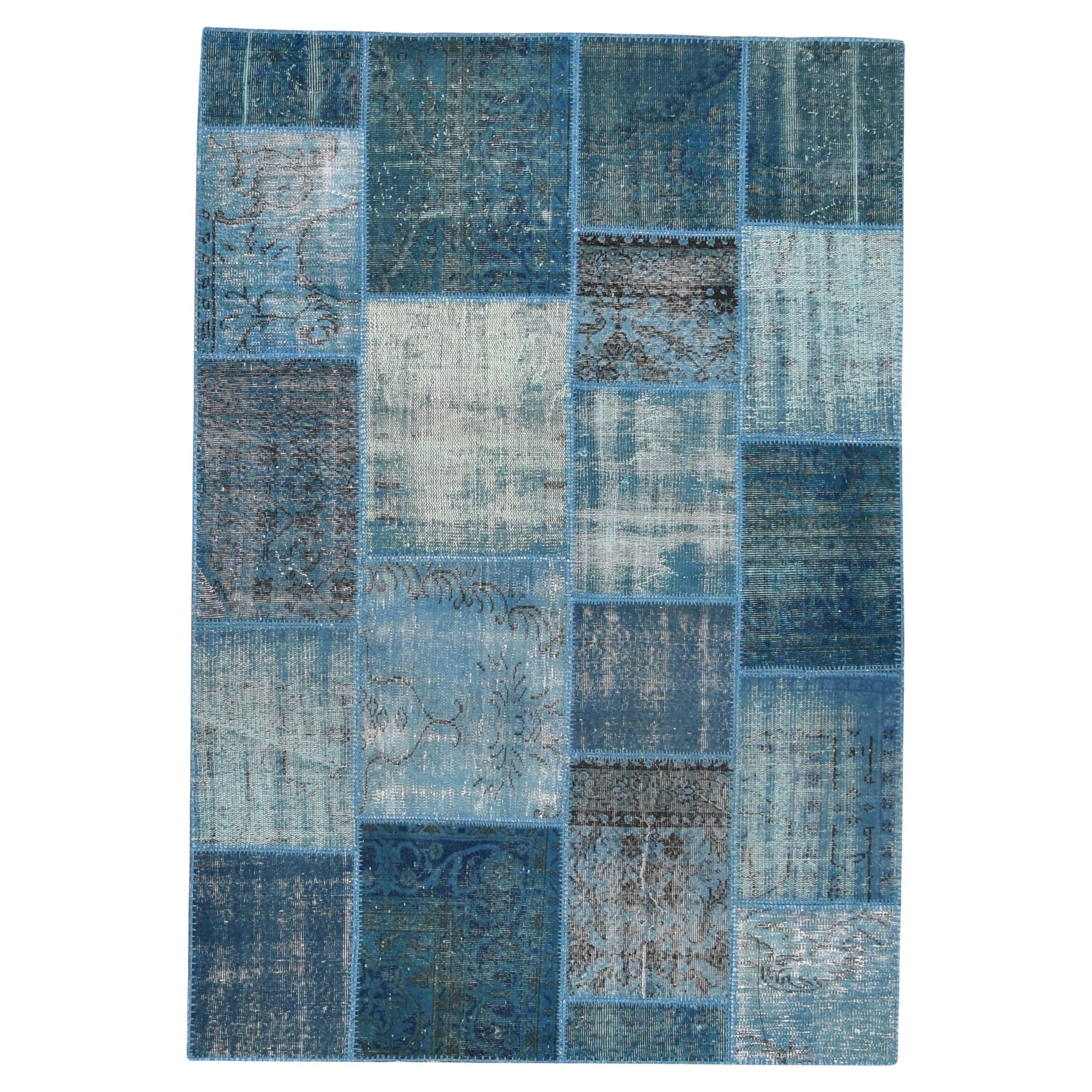 Tapis moderne bleu sarcelle teinté en laine patchwrok 5'7''x8' vers 1960