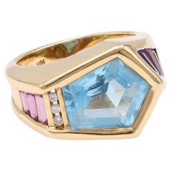 Vintage Modern Blue Topaz Amethyst Diamond Abstract Yellow Gold Ring
