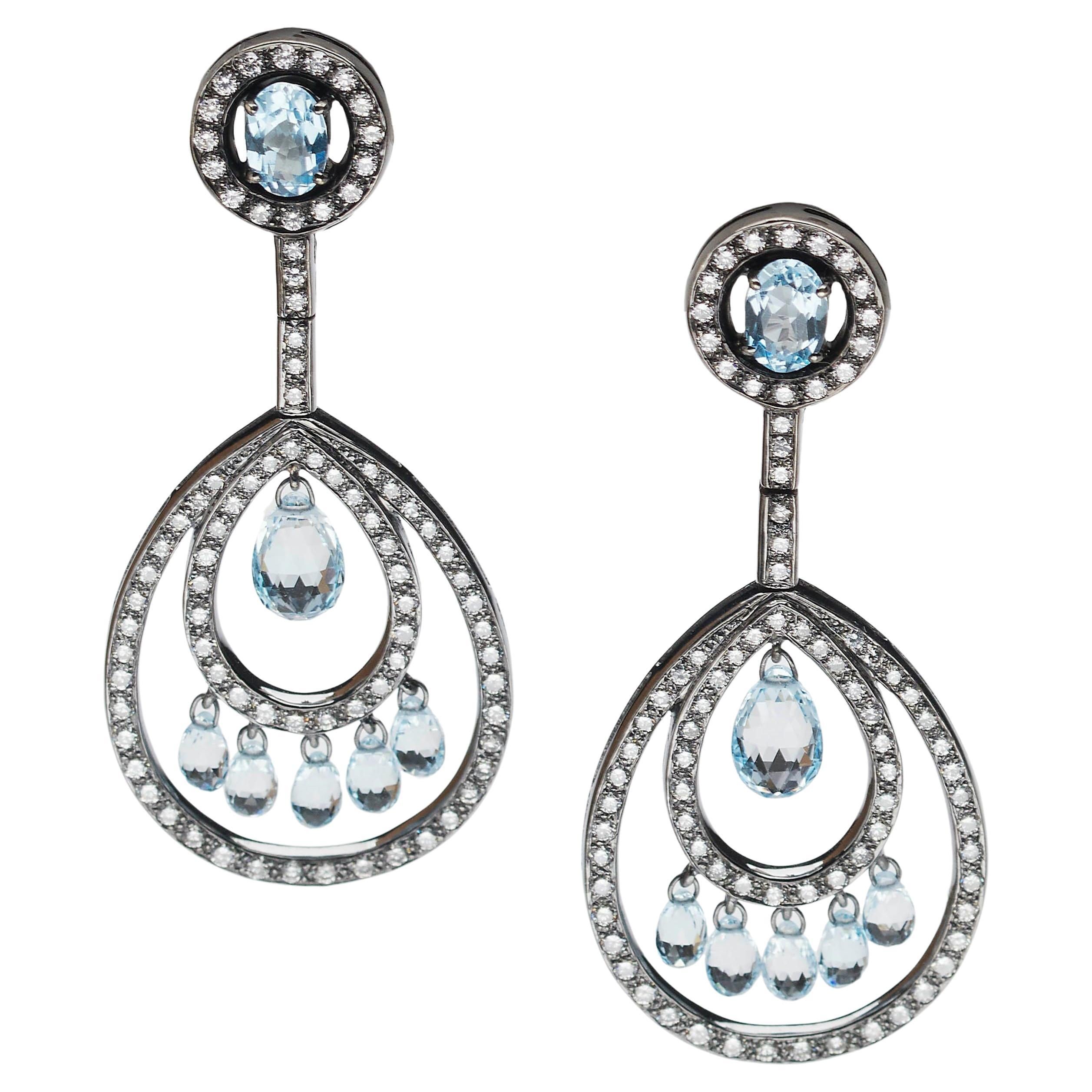 Modern Blue Topaz, Briolette Diamond And Oxidised Gold Drop Earrings For Sale