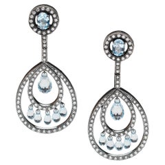 Modern Blue Topaz, Briolette Diamond and Oxidised Gold Drop Earrings