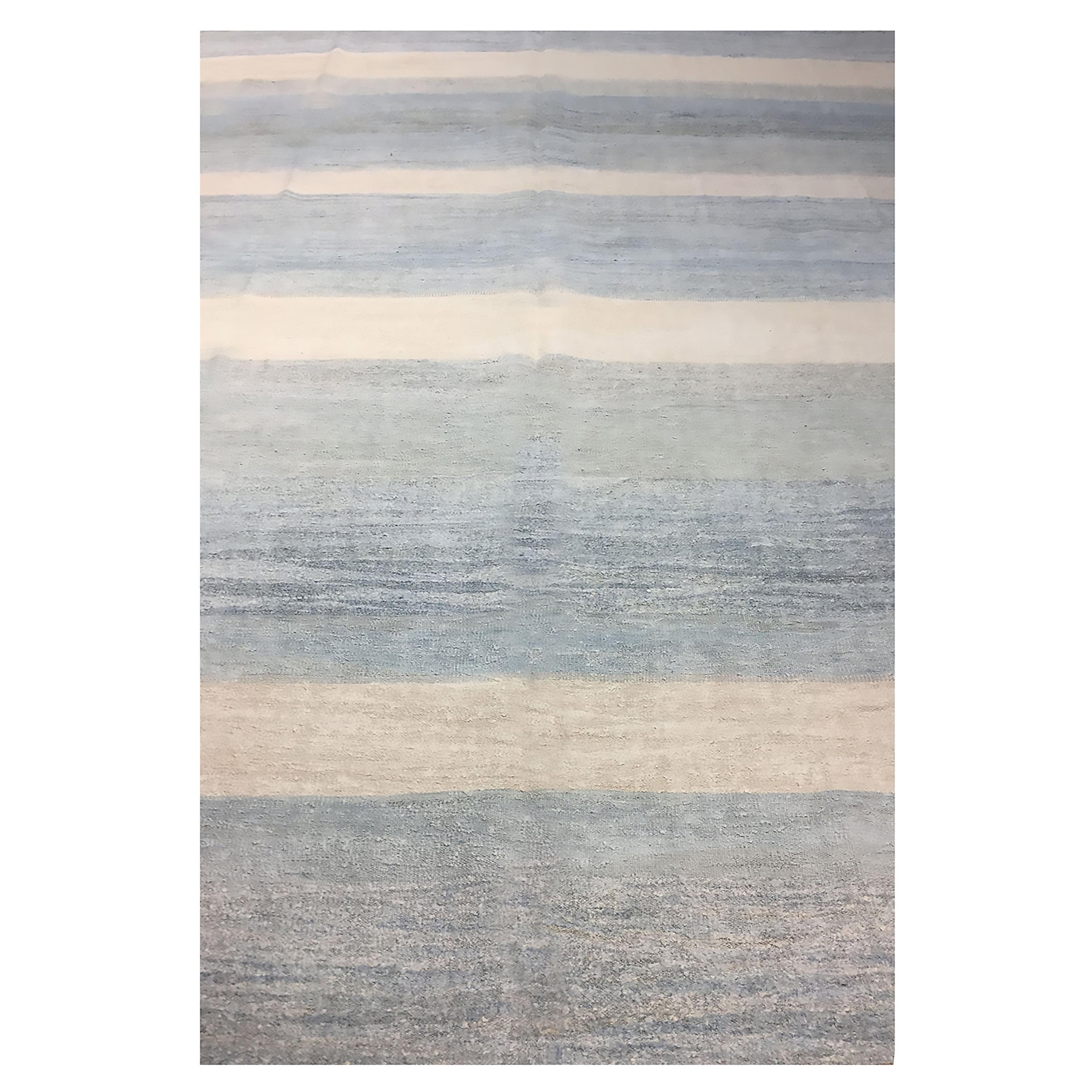 Tapis de chanvre turc à tissage plat bleu moderne, 9'11 x 13'7 en vente