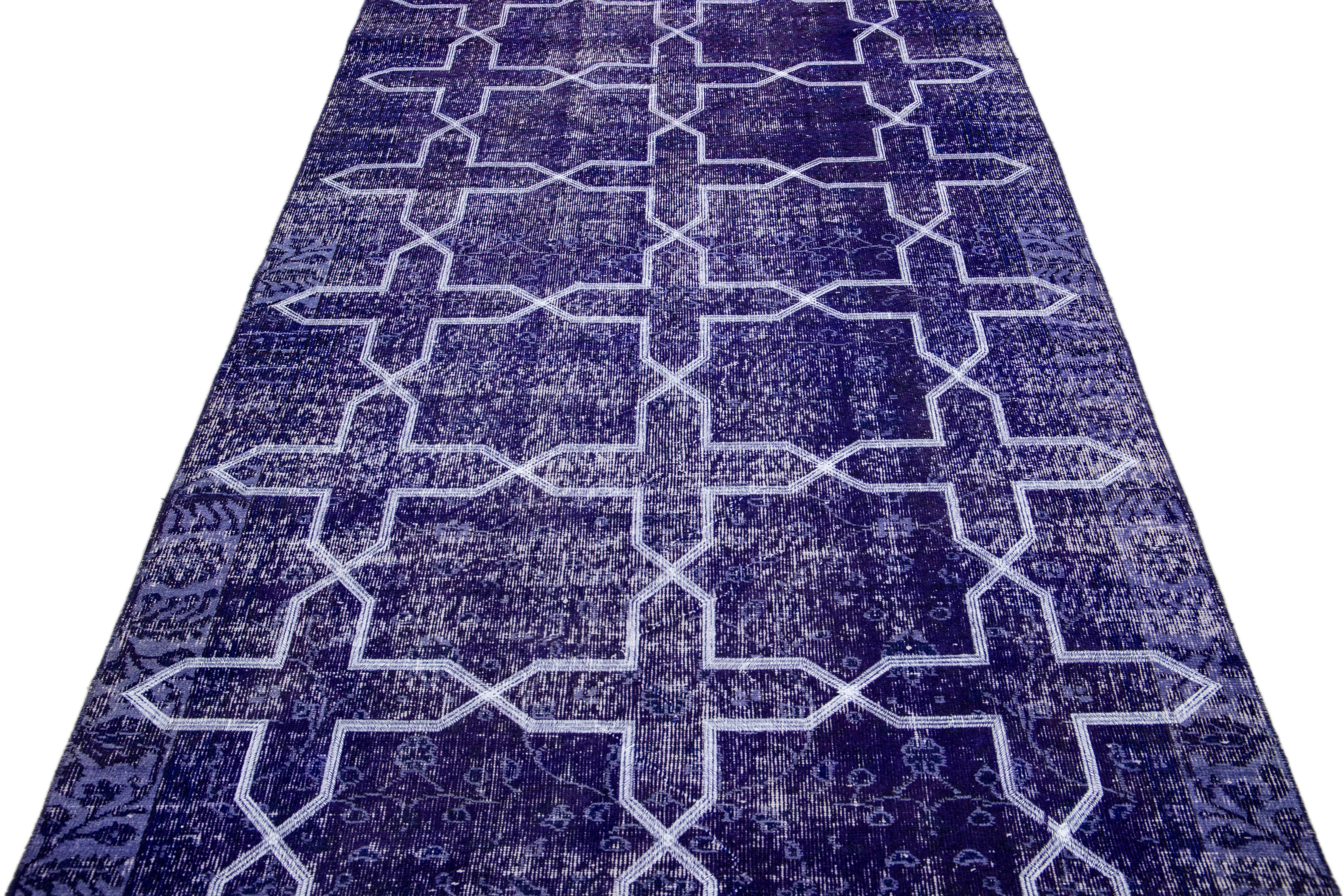 Tribal Modern Blue Turkish Handmade Geometric Pattern Wool Gallery Rug For Sale