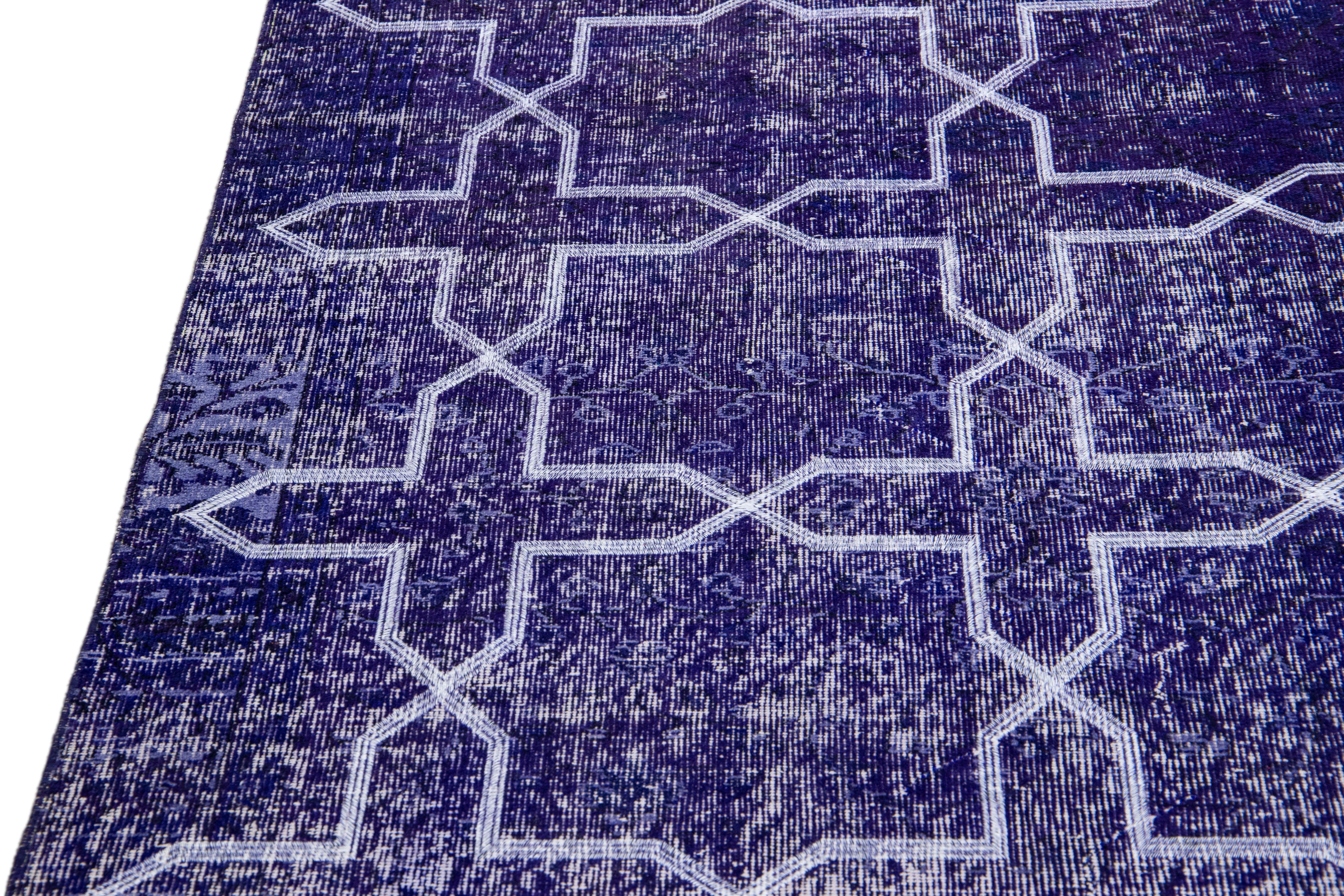 Hand-Knotted Modern Blue Turkish Handmade Geometric Pattern Wool Gallery Rug For Sale