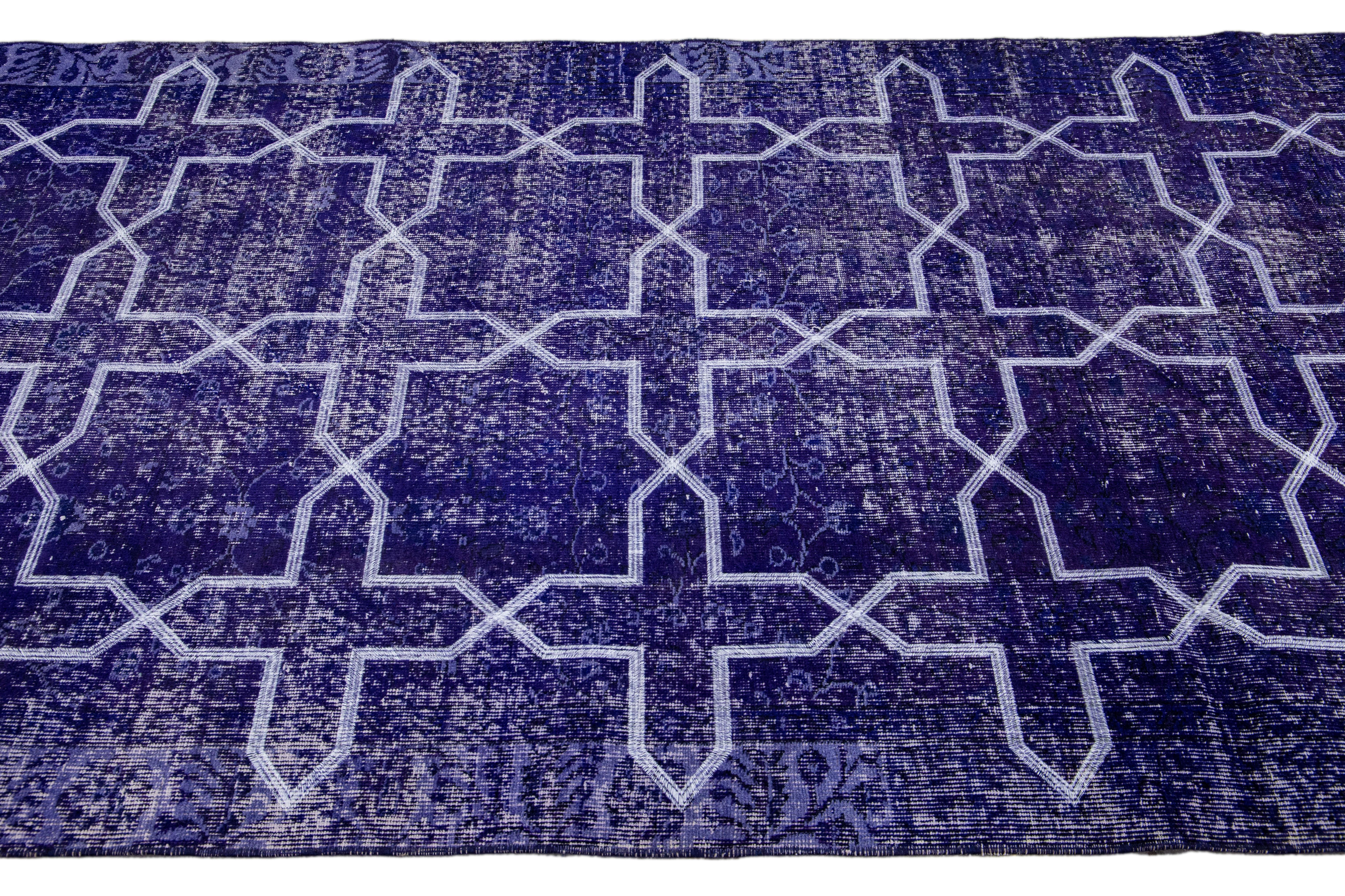 Modern Blue Turkish Handmade Geometric Pattern Wool Gallery Rug In New Condition For Sale In Norwalk, CT
