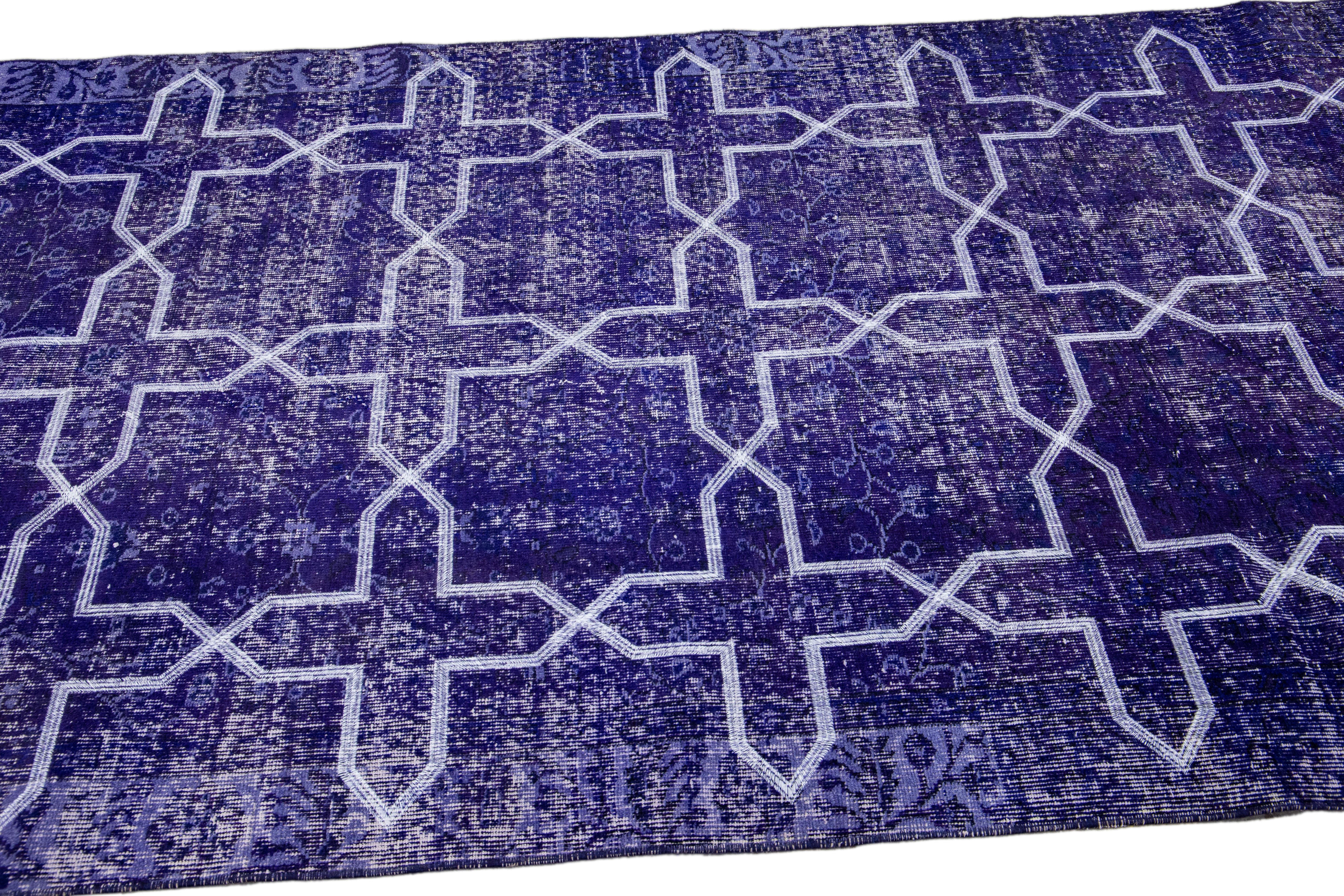 Modern Blue Turkish Handmade Geometric Pattern Wool Gallery Rug For Sale 2