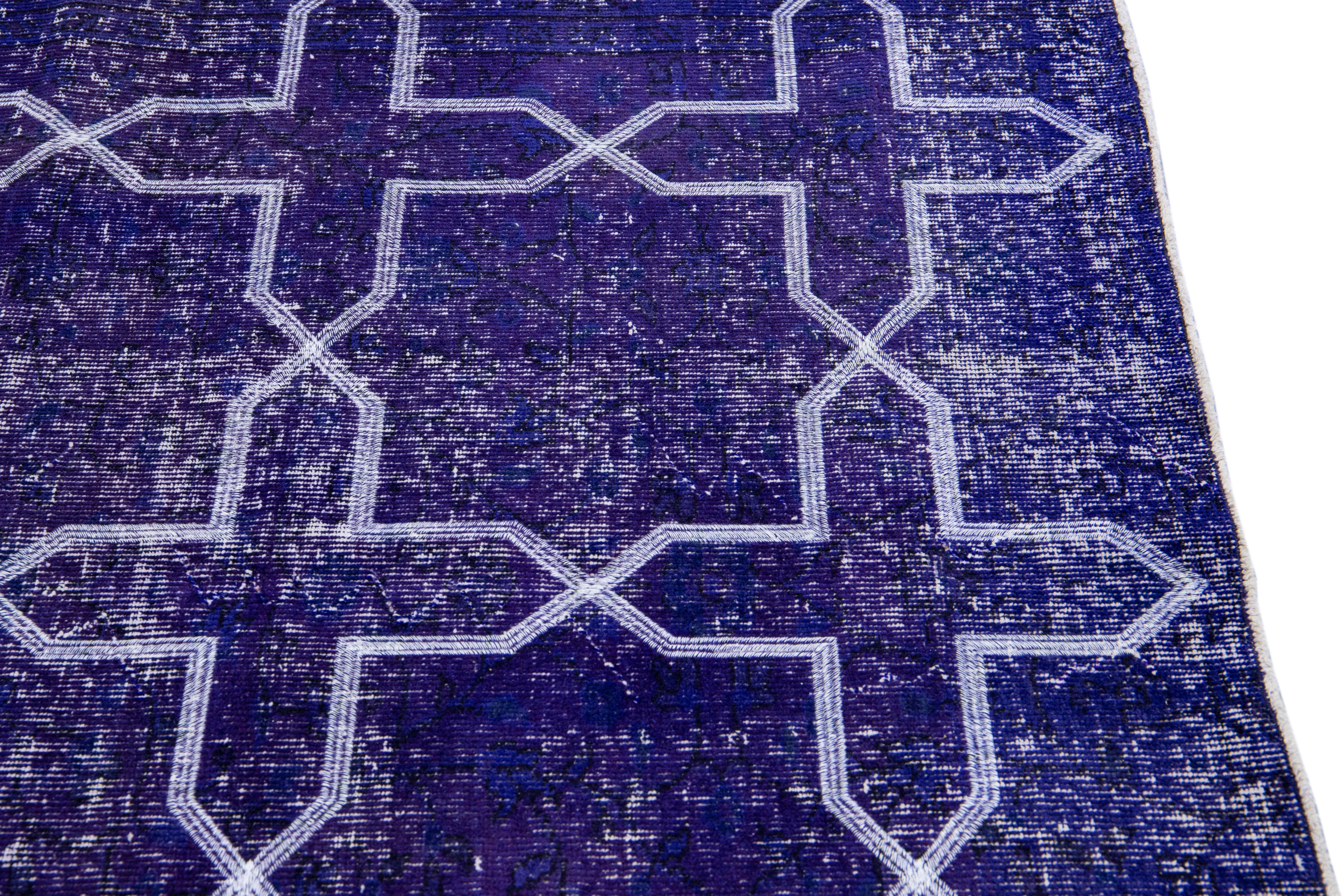 Modern Blue Turkish Handmade Geometric Pattern Wool Gallery Rug For Sale 3