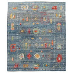 Modern Blue Turkish Oushak Floral Handmade Oversize Wool Rug