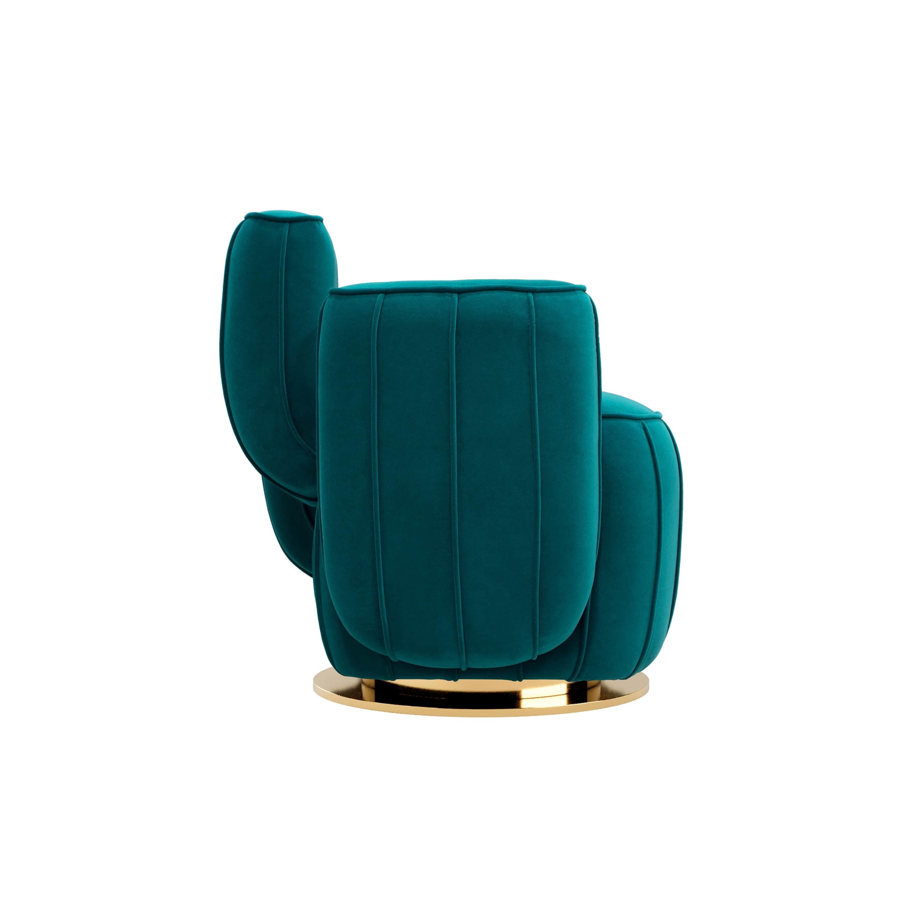 Modern blue velvet armchair cactus shape with gold swivel base polished brass

Ajui Armchair is a luxury armchair that features an artsy interpretation of a cactus and a swivel base. It is upholstered in velvet with structure and base in polished