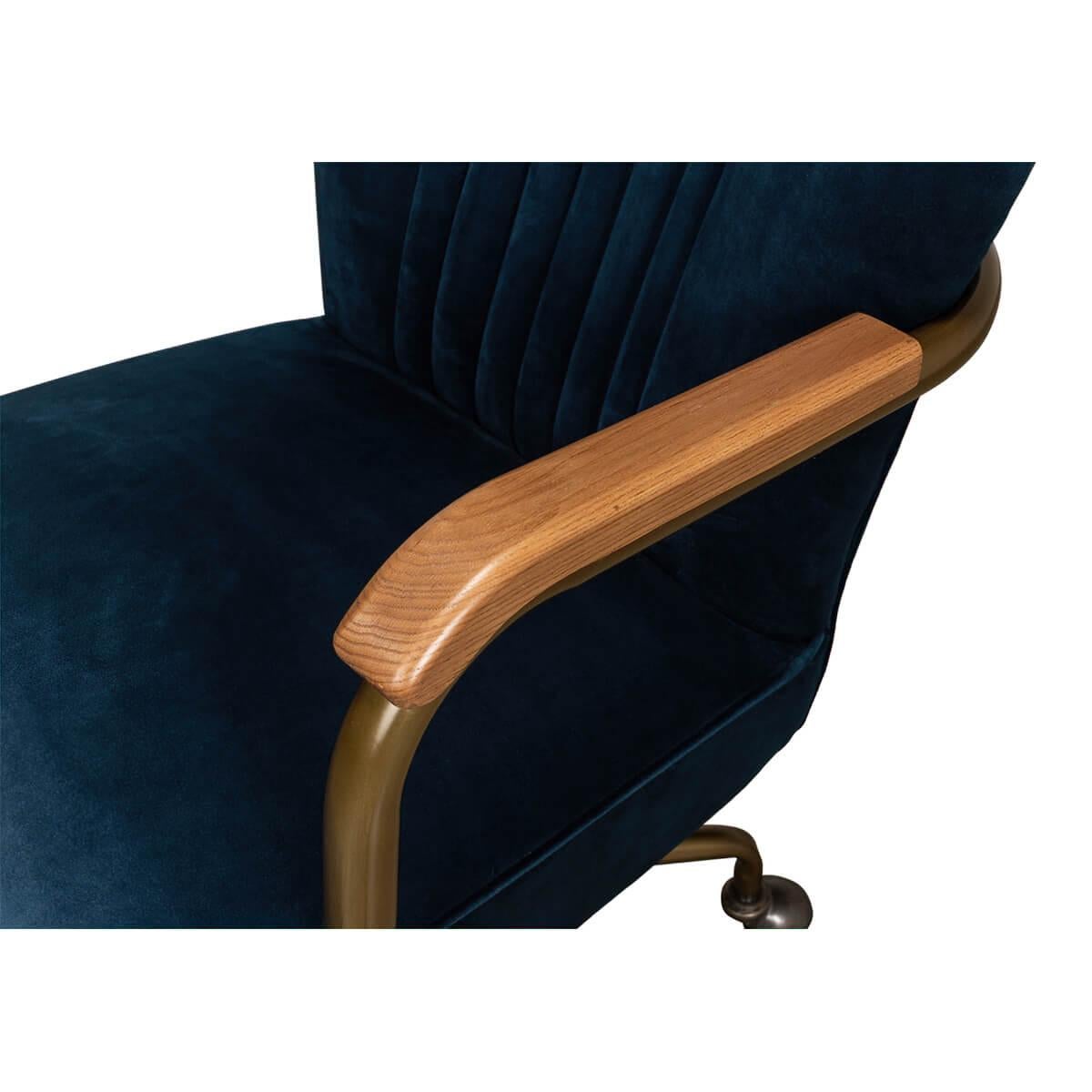 Asian Modern Blue Velvet Desk Chair For Sale