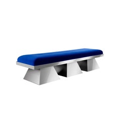 Modern Blue Velvet Upholstered Bench with Grey Lacquer Geometric Base