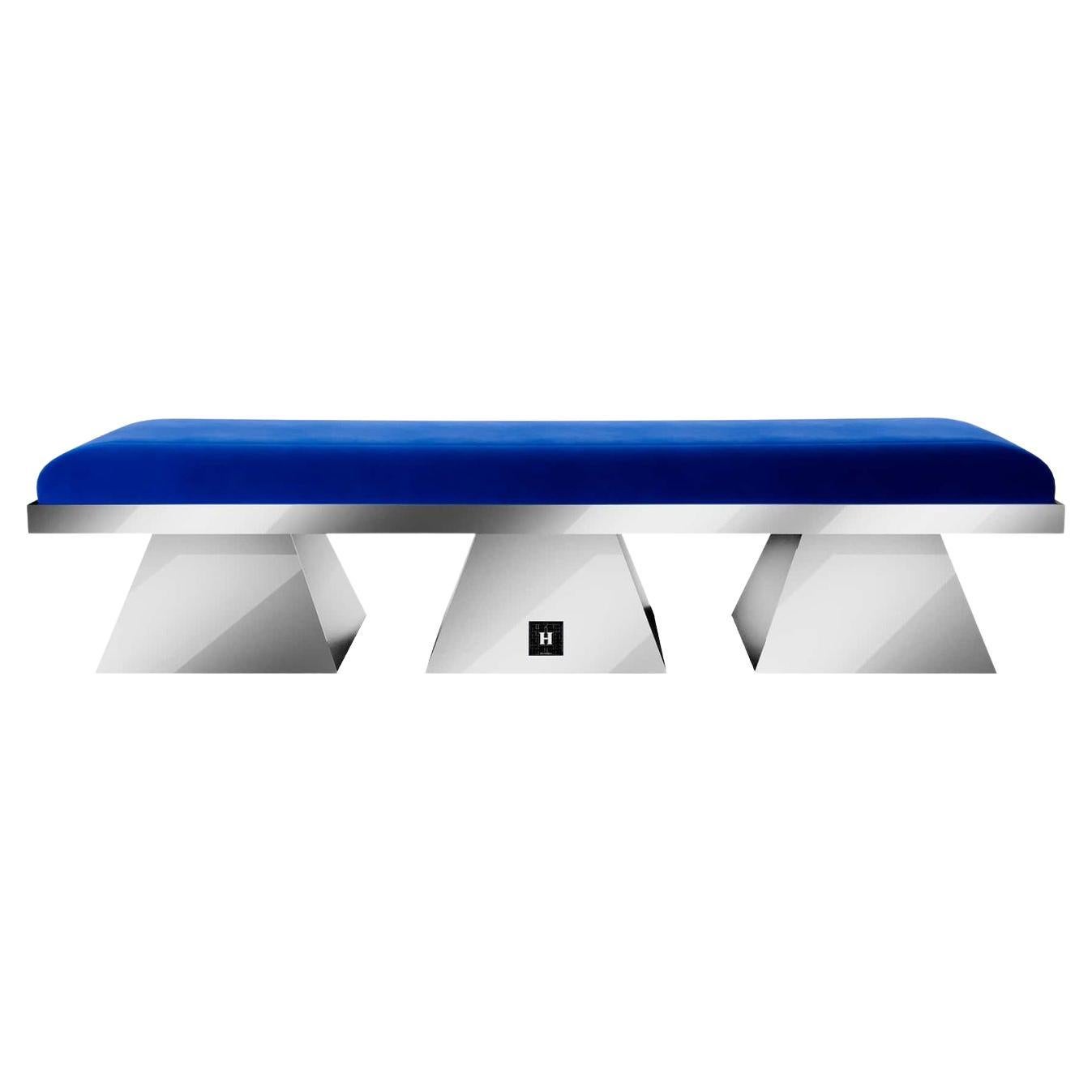 Modern Blue Velvet Upholstered Bench with Grey Lacquer Geometric Base