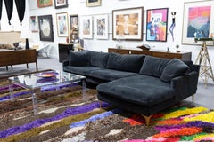 Modern Blue Velveteen Upholstered Two Piece Sectional With Chase