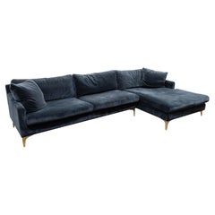 Modern Blue Velveteen Upholstered Two Piece Sectional With Chase