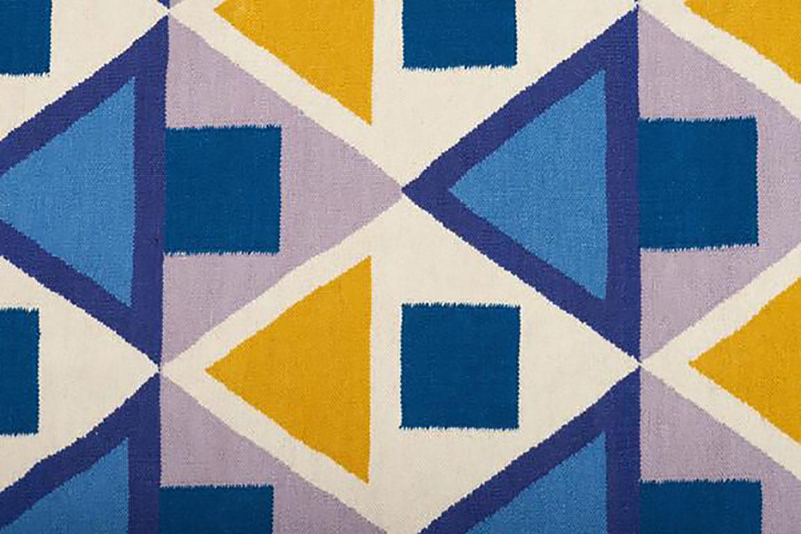 Indian Modern Blue Yellow Tribal Inspired Flat-Woven Dhurrie Rug For Sale