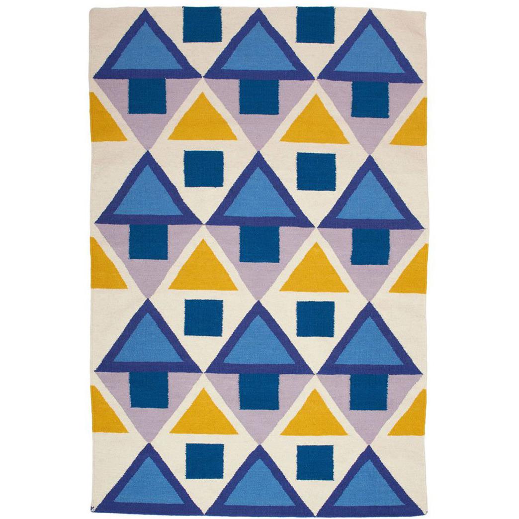 Modern Blue Yellow Tribal Inspired Flat-Woven Dhurrie Rug For Sale