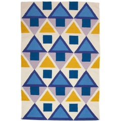 Modern Blue Yellow Tribal Inspired Flat-Woven Dhurrie Rug