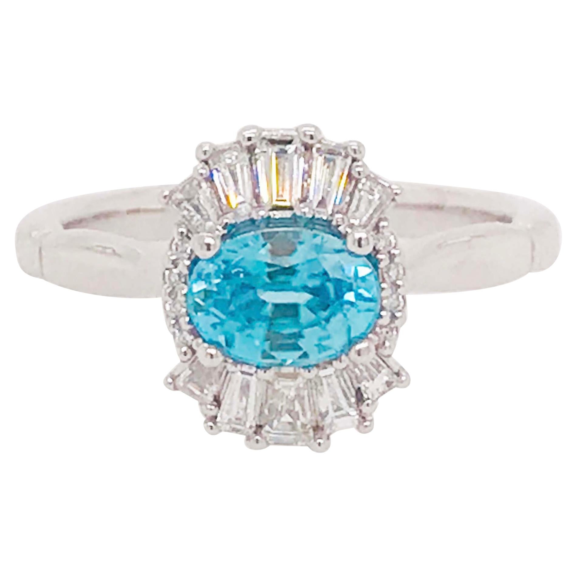 Modern Blue Zircon and Diamond Baguette Engagement Ring in White Gold