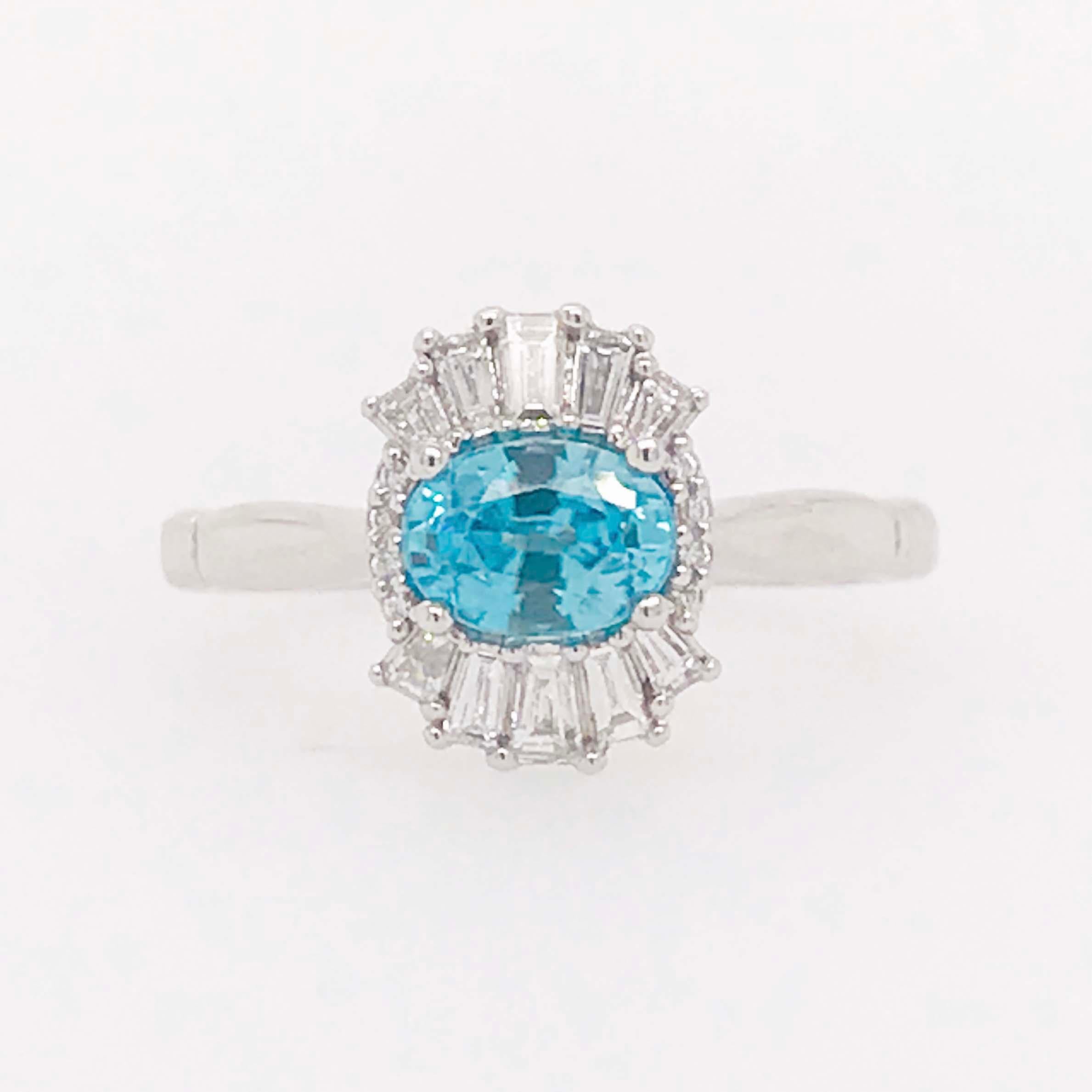 Revival 1.45ct Blue Zircon and Diamond Ring Round and Baguette Diamonds 14K White Gold For Sale