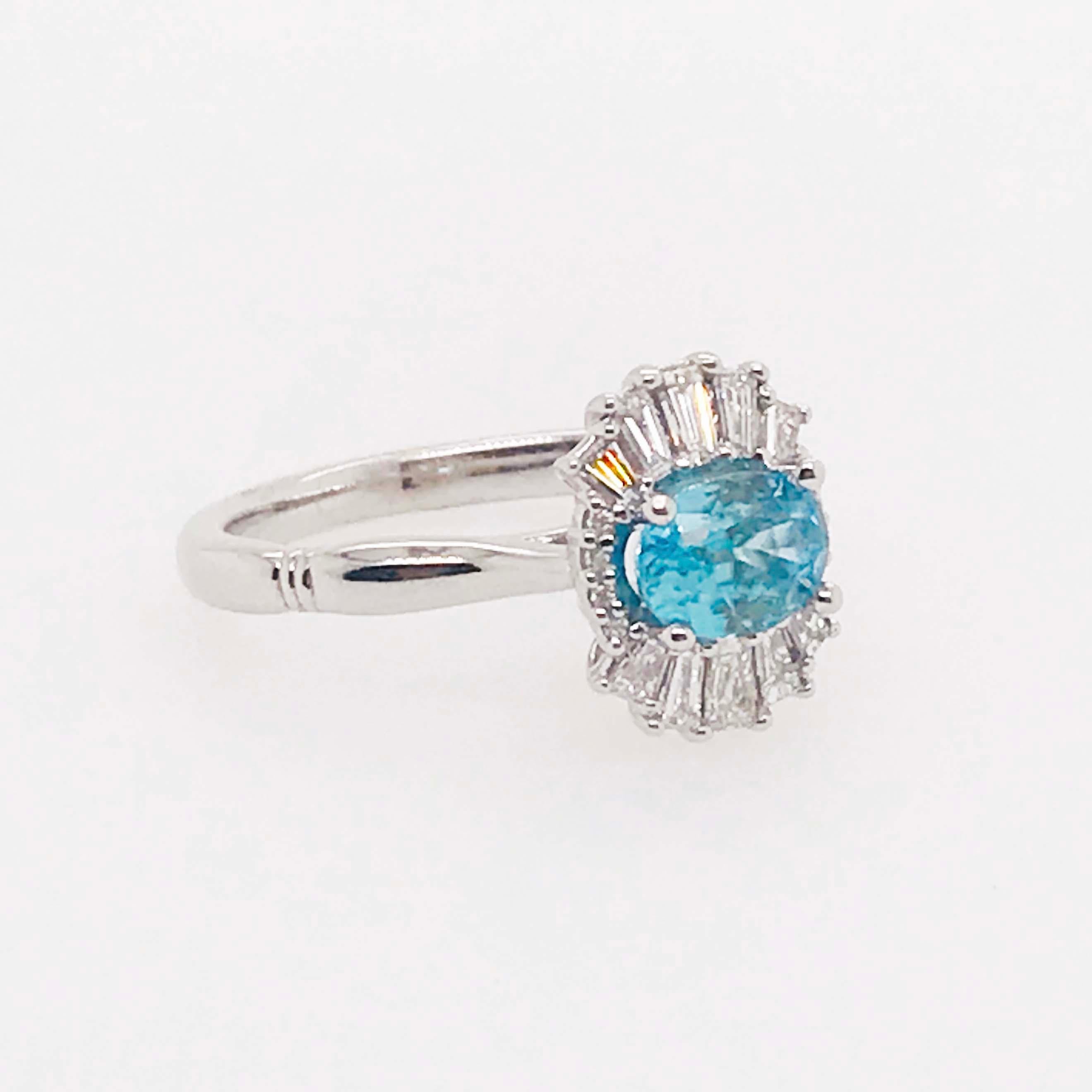 Oval Cut 1.45ct Blue Zircon and Diamond Ring Round and Baguette Diamonds 14K White Gold For Sale