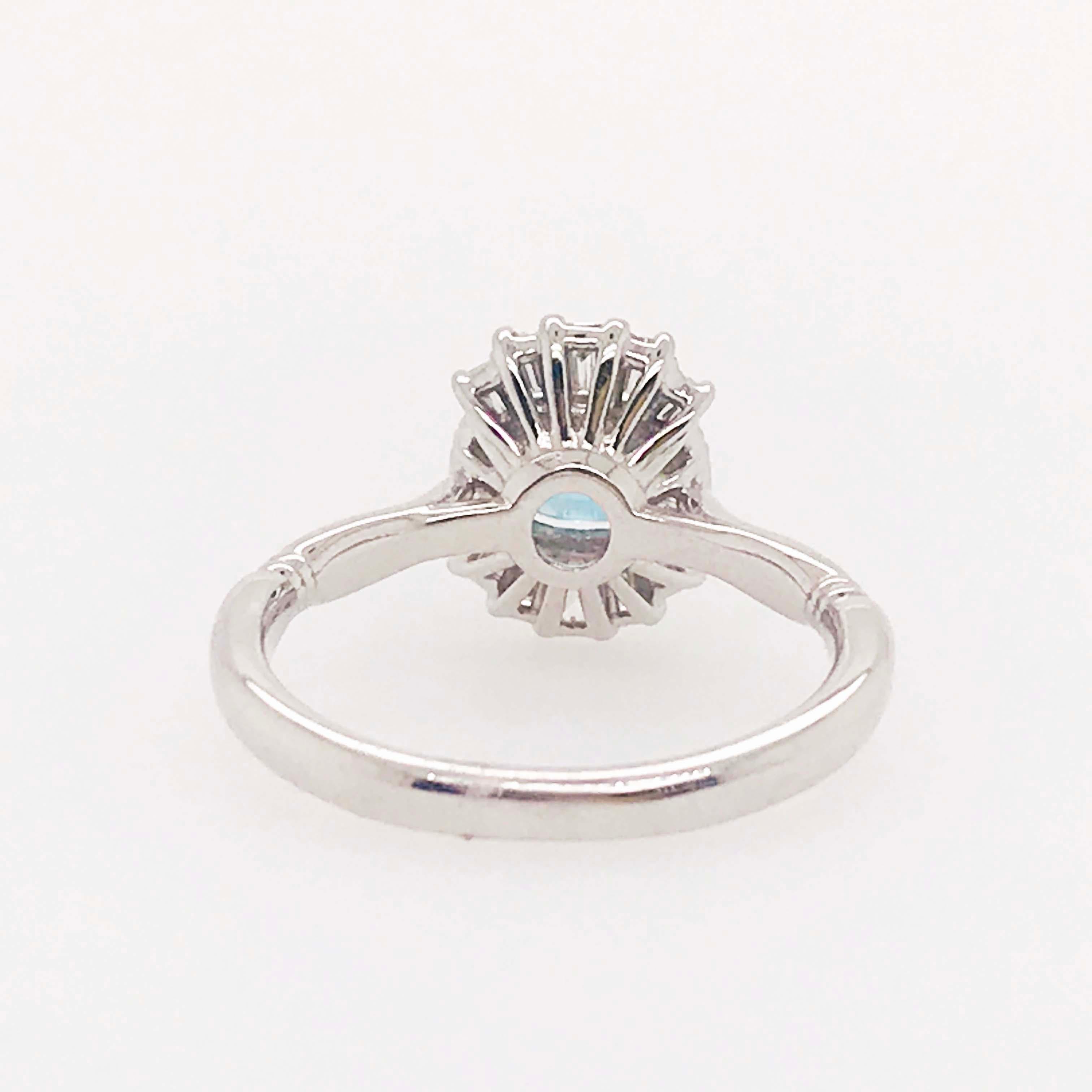 Women's 1.45ct Blue Zircon and Diamond Ring Round and Baguette Diamonds 14K White Gold For Sale