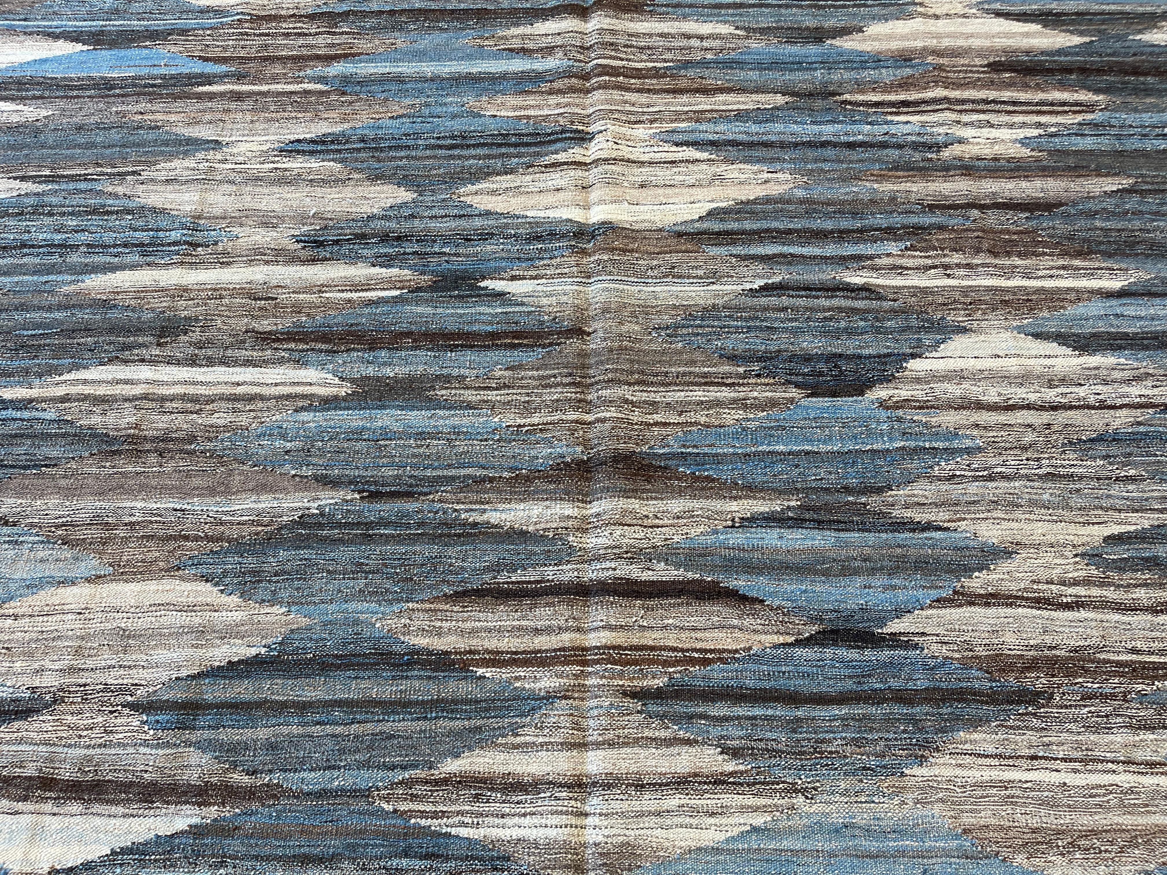 Contemporary Modern Blues Turkish Kilim Rug Reversible  For Sale