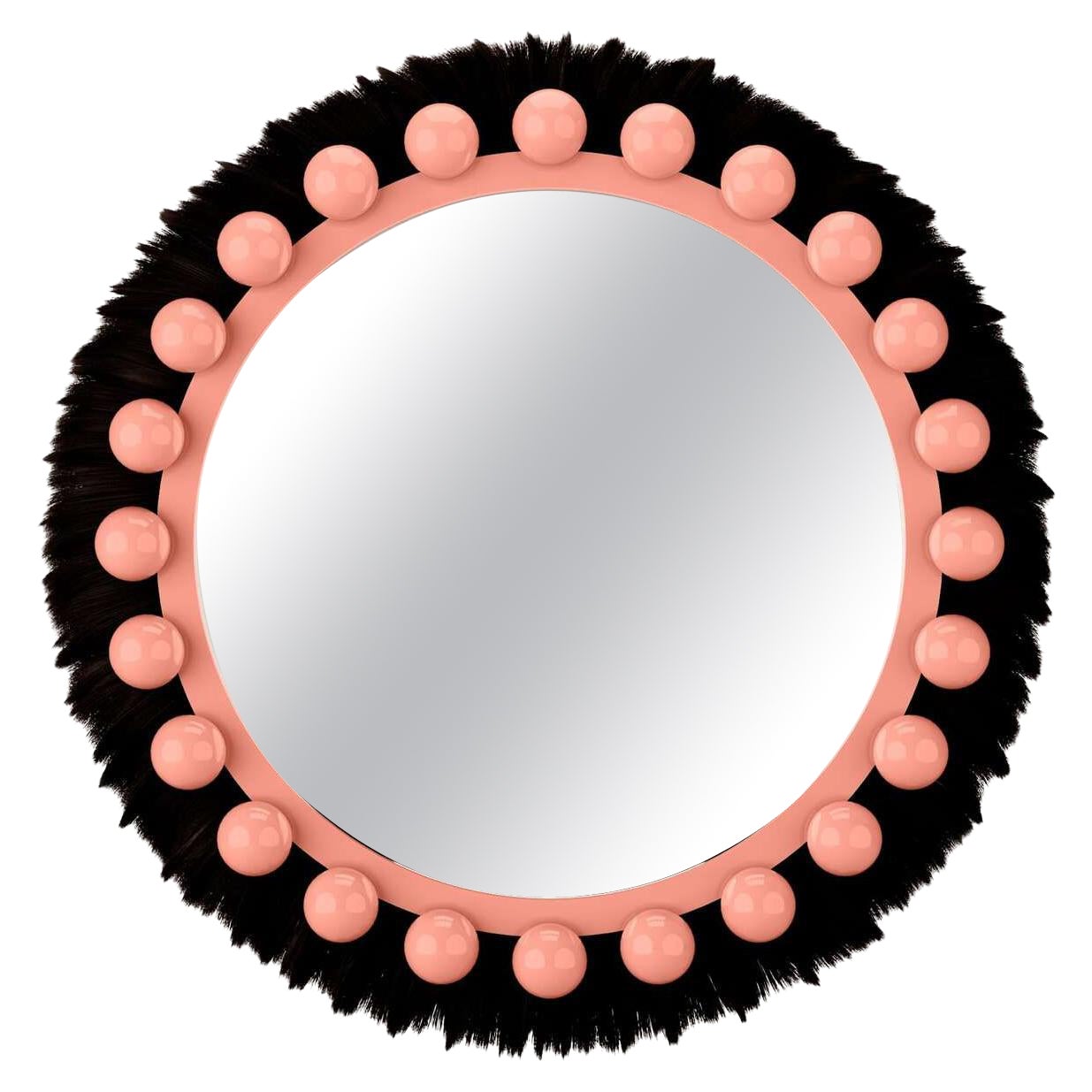 Modern Bohemian Ibiza Round Wall Mirror in Natural Fiber, Pink Peach 
Black For Sale