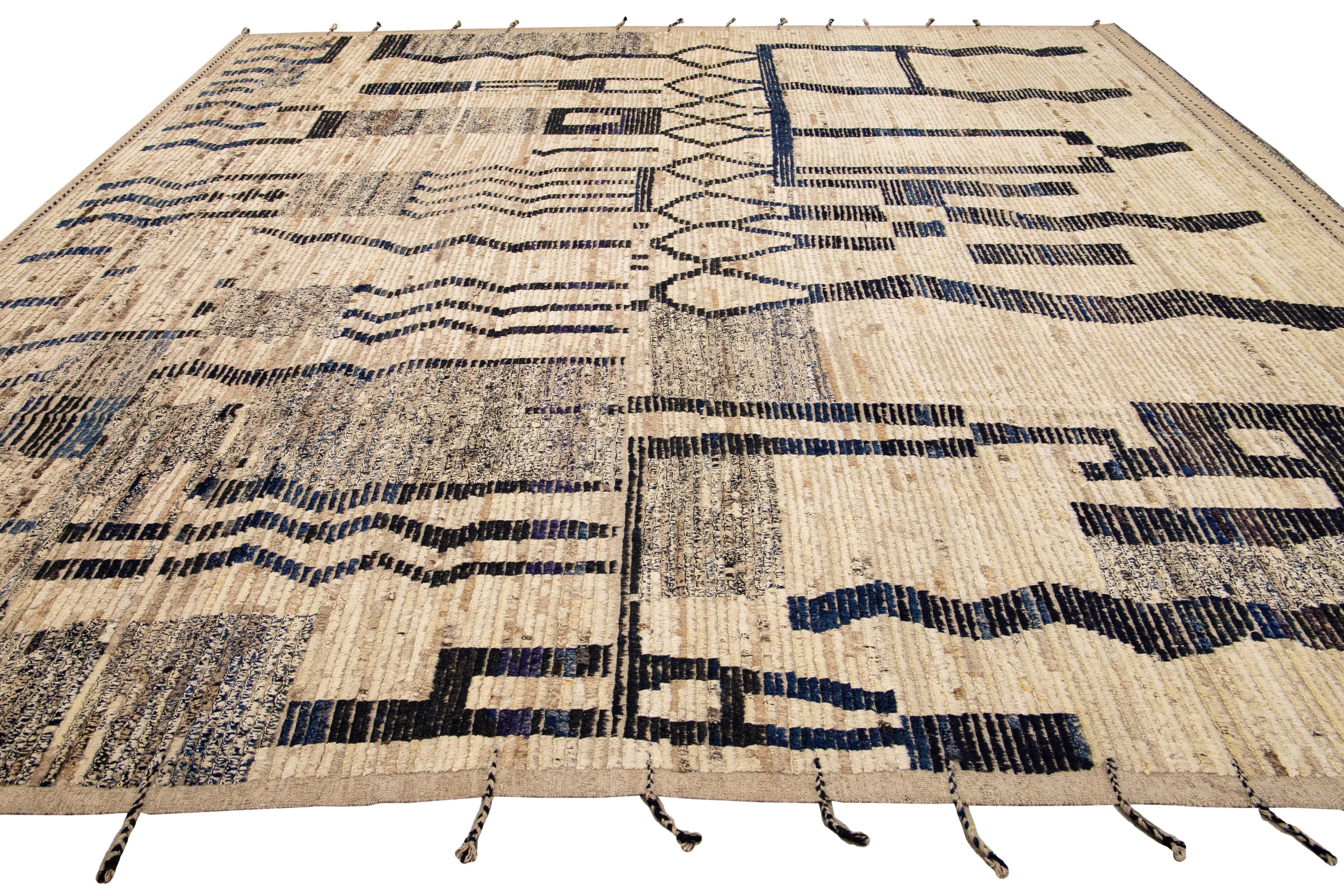 Hand-Knotted Modern Boho Beige Moroccan Style Handmade Tribal Pattern Square Wool Rug For Sale