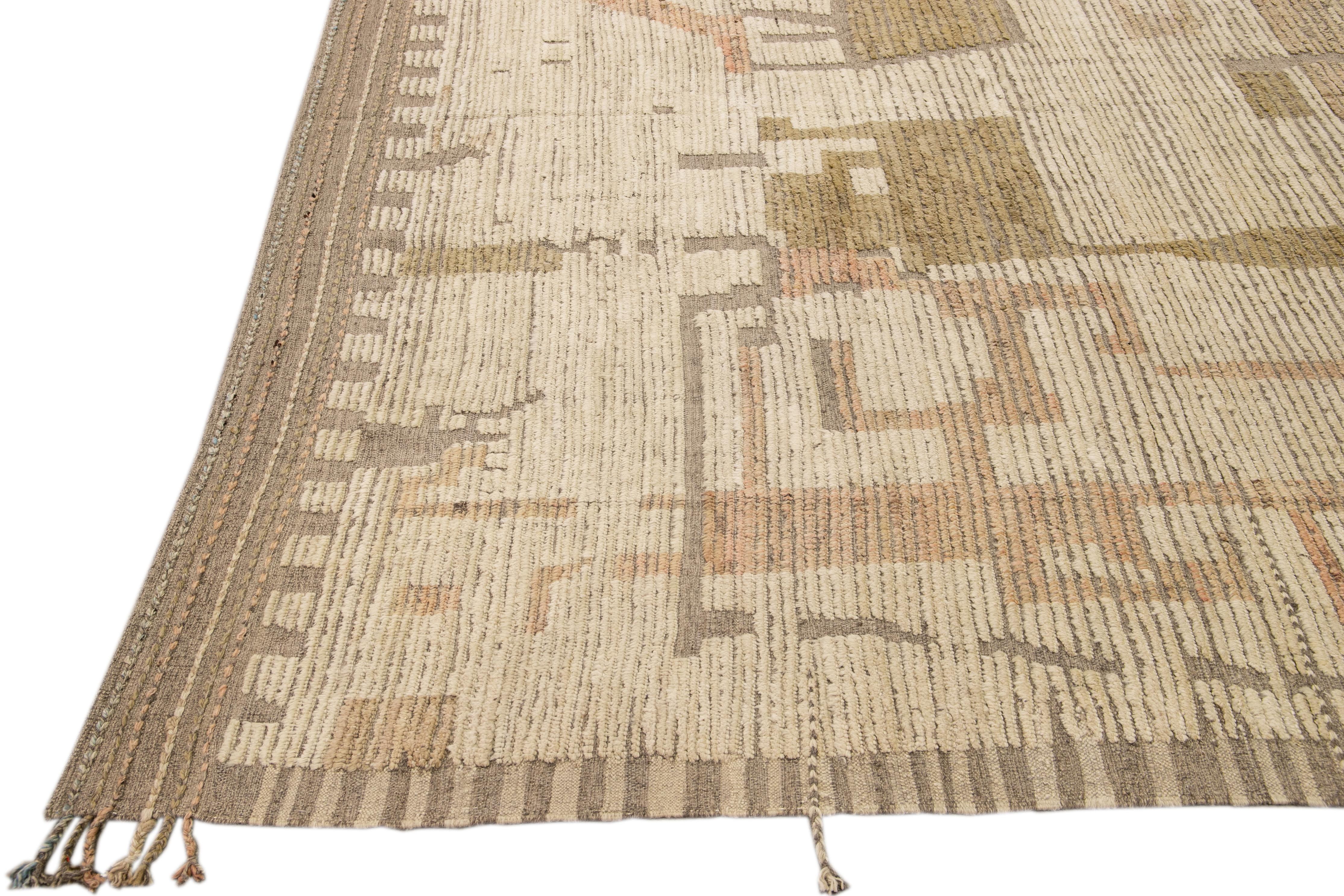 Afghan Modern Boho Chic Moroccan Style Handmade Abstract Beige Square Wool Rug For Sale