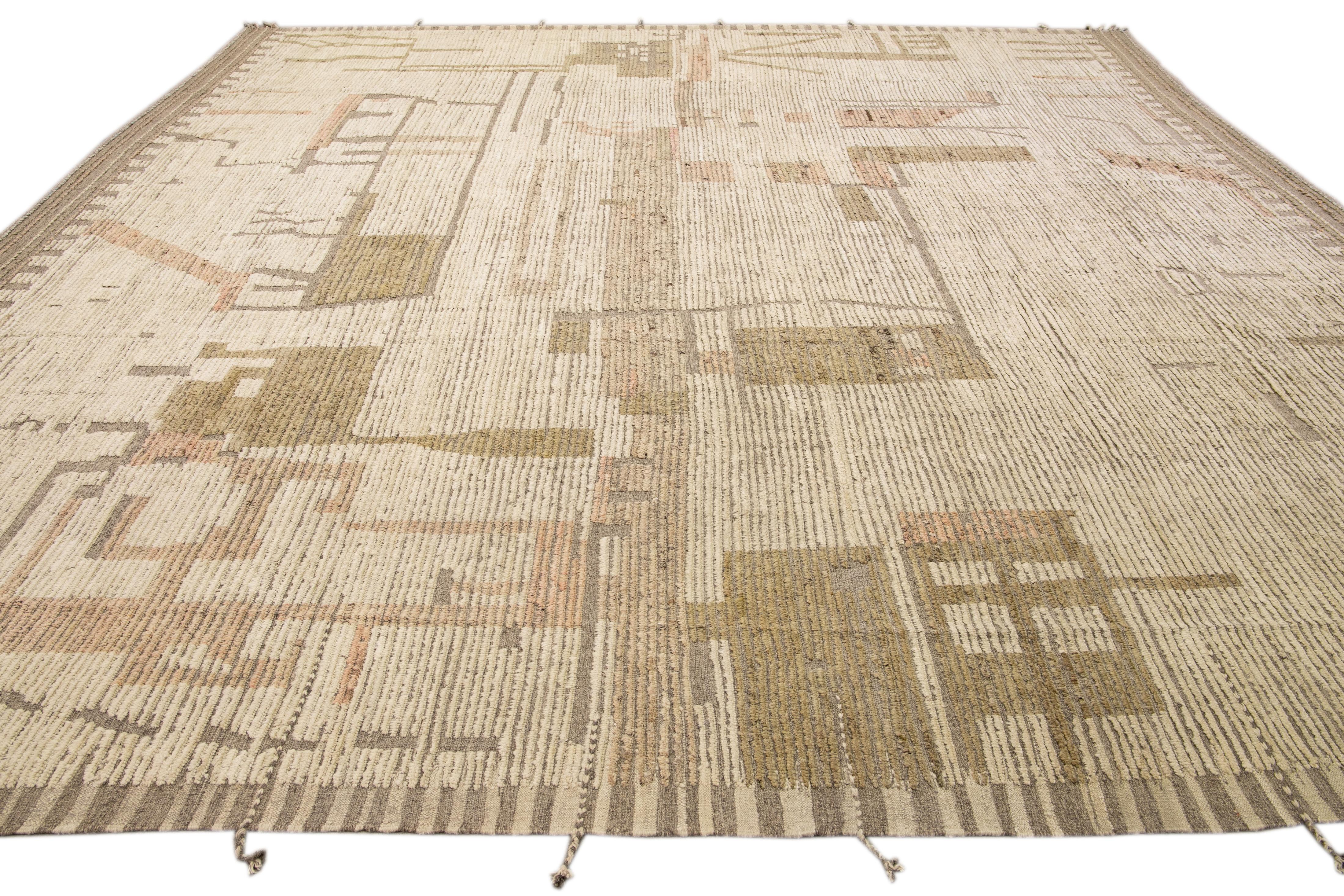 Hand-Knotted Modern Boho Chic Moroccan Style Handmade Abstract Beige Square Wool Rug For Sale