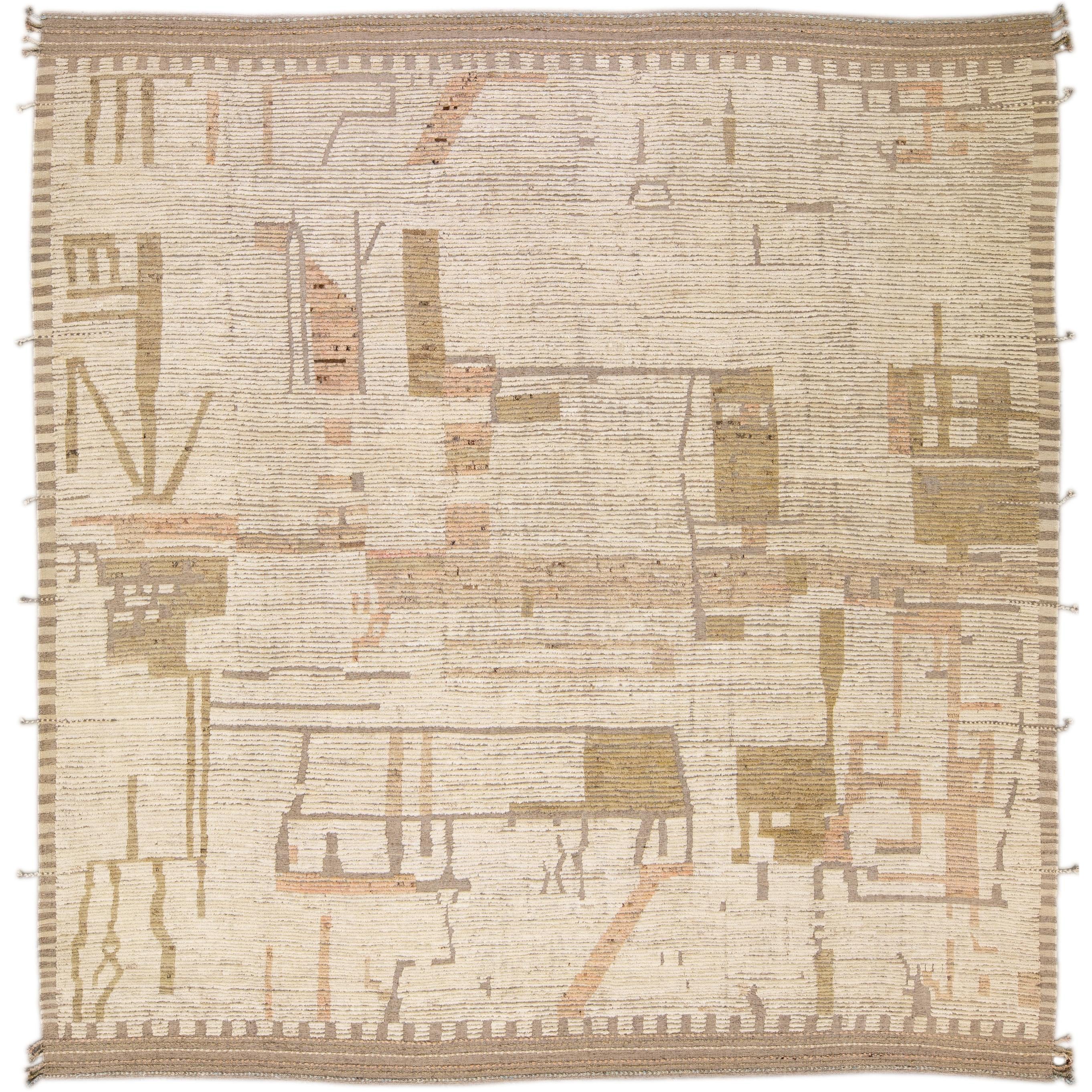 Modern Boho Chic Moroccan Style Handmade Abstract Beige Square Wool Rug