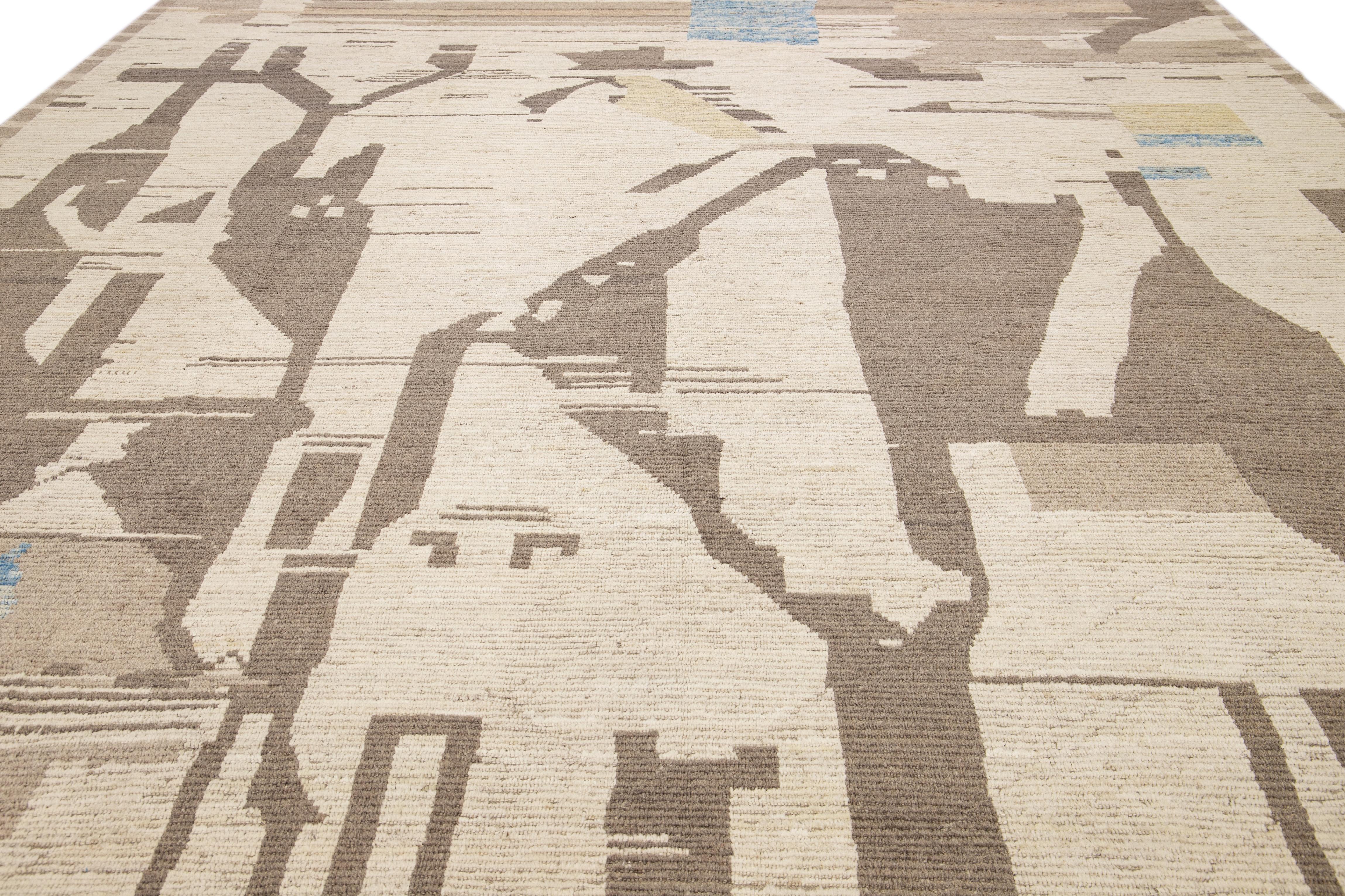 Alfombra Moderna Boho Chic Estilo Marroquí Motivo Abstracto Hecho a Mano Beige Lana Sobredimensionada Bohemio en venta