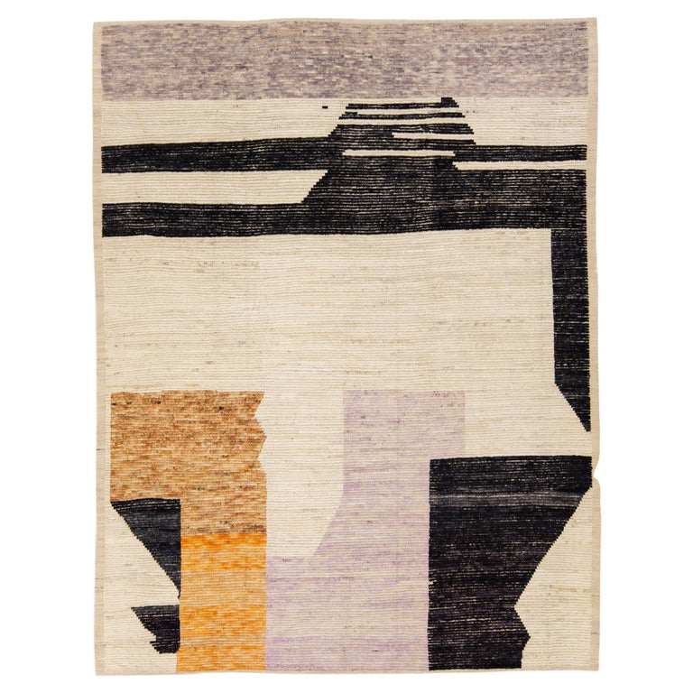 Modern Boho Chic Moroccan Style Handmade Abstract Motif Beige Wool Rug ...