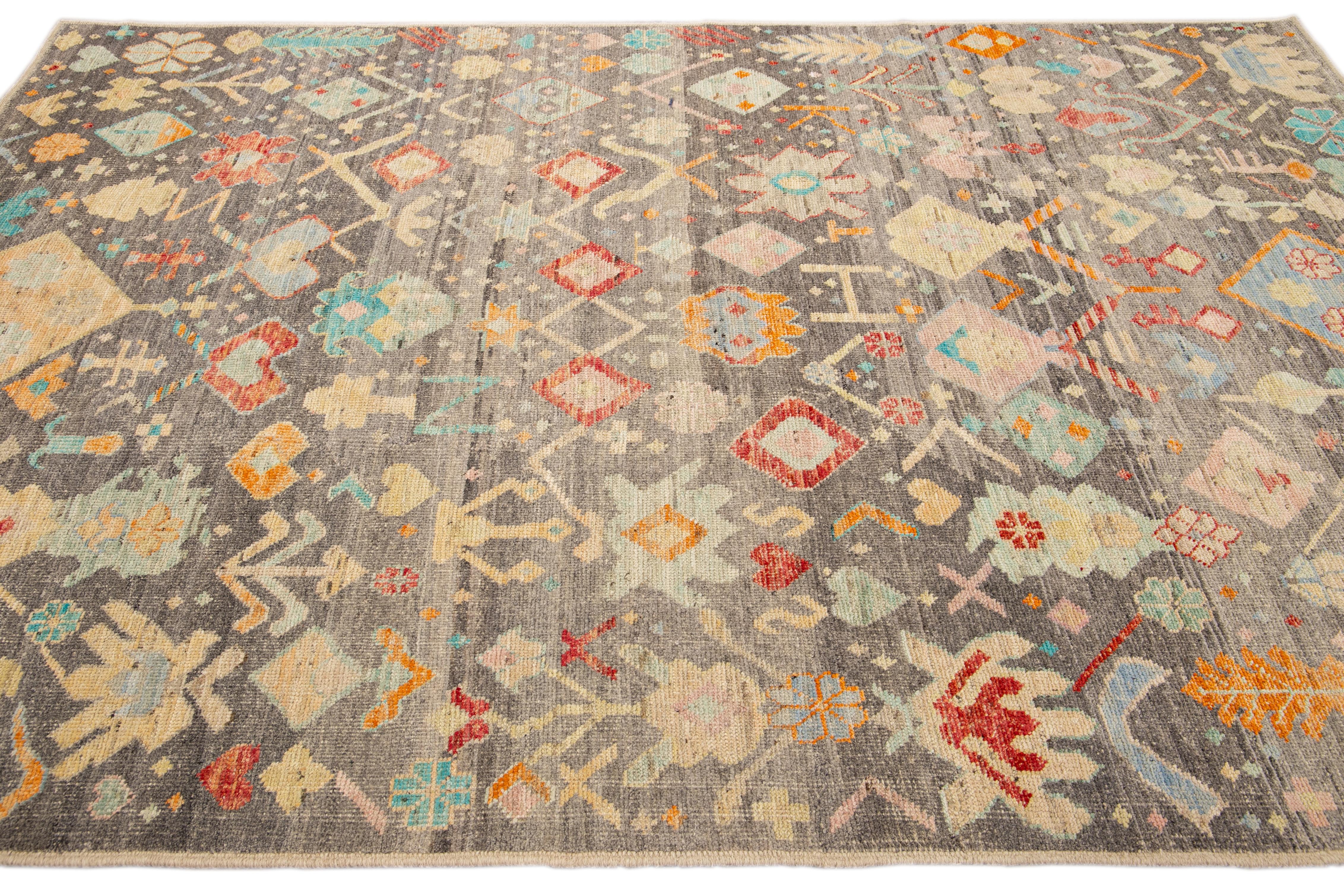Hand-Knotted Modern Boho Gray Moroccan Style Handmade Multicolor Pattern Wool Rug For Sale