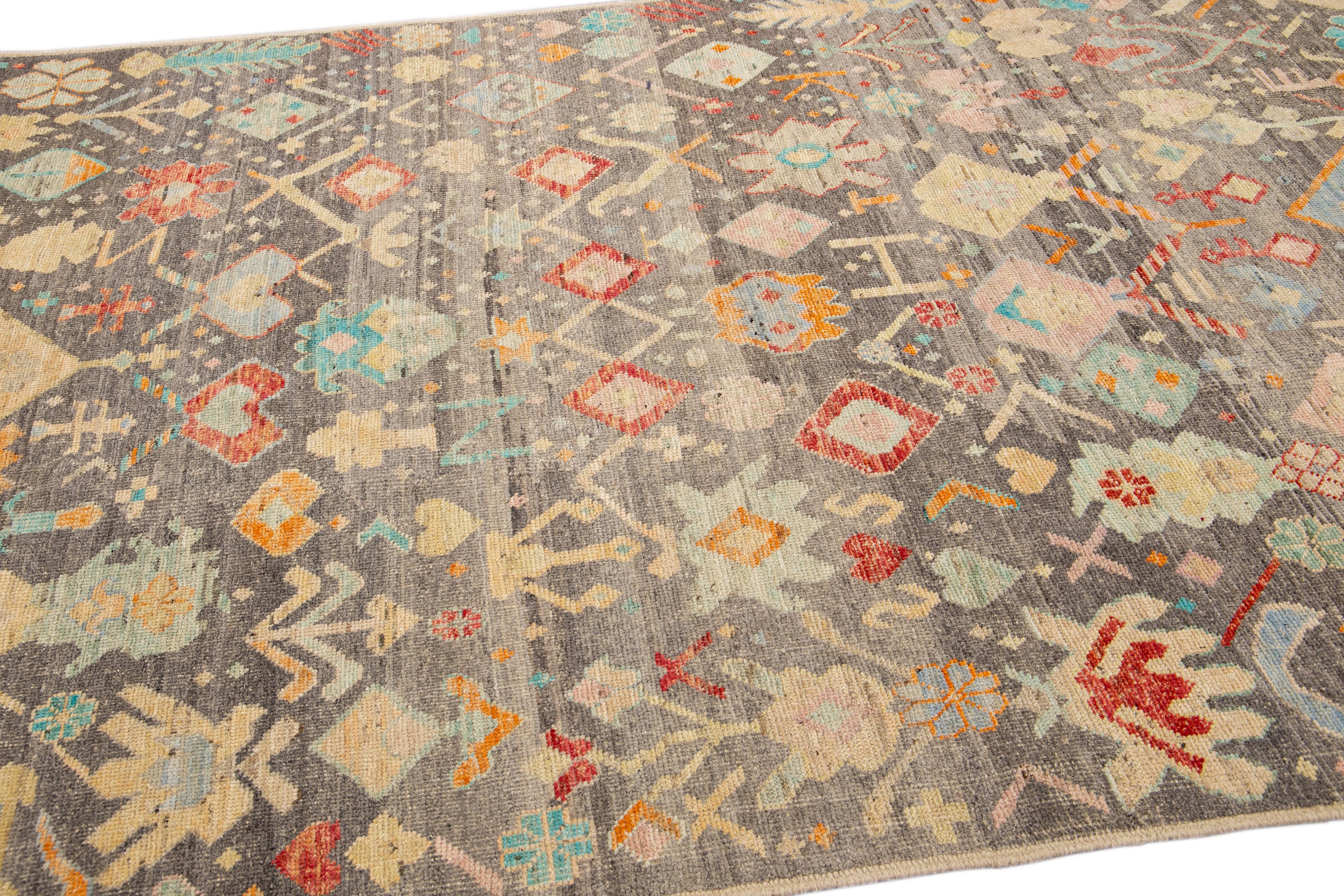 Modern Boho Gray Moroccan Style Handmade Multicolor Pattern Wool Rug In New Condition For Sale In Norwalk, CT