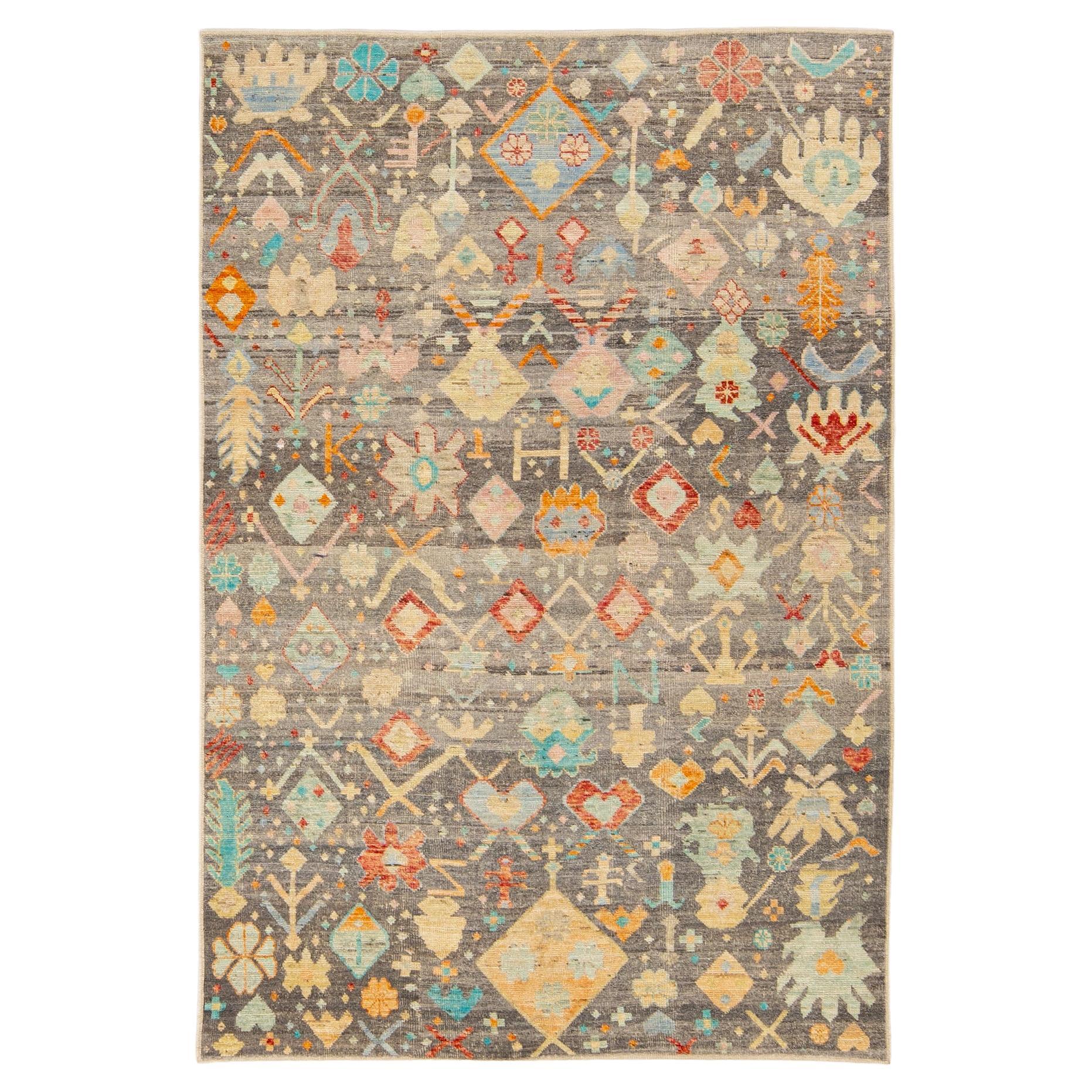 Modern Boho Gray Moroccan Style Handmade Multicolor Pattern Wool Rug