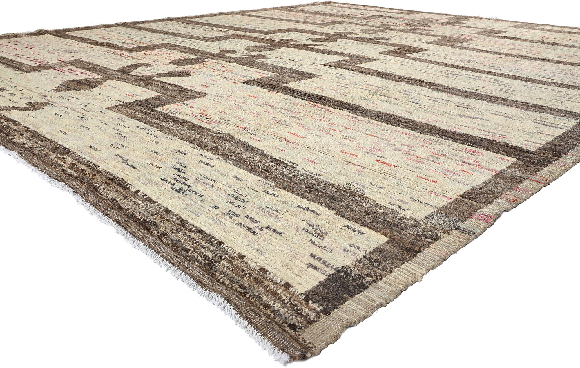 81066 Large Wabi-Sabi Boho Moroccan Rug, 12'01 x 14'08. ​Embark on a mesmerizing journey with this hand-knotted wool Modern Boho Moroccan rug, a breathtaking amalgamation of Bohemian charm and Wabi-Sabi essence. Crafted with meticulous care, this