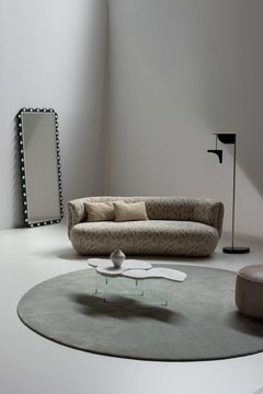 Modern Bolota Curved Sofa, DEDAR Ivory Satin Jacquard, Handmade by Greenapple