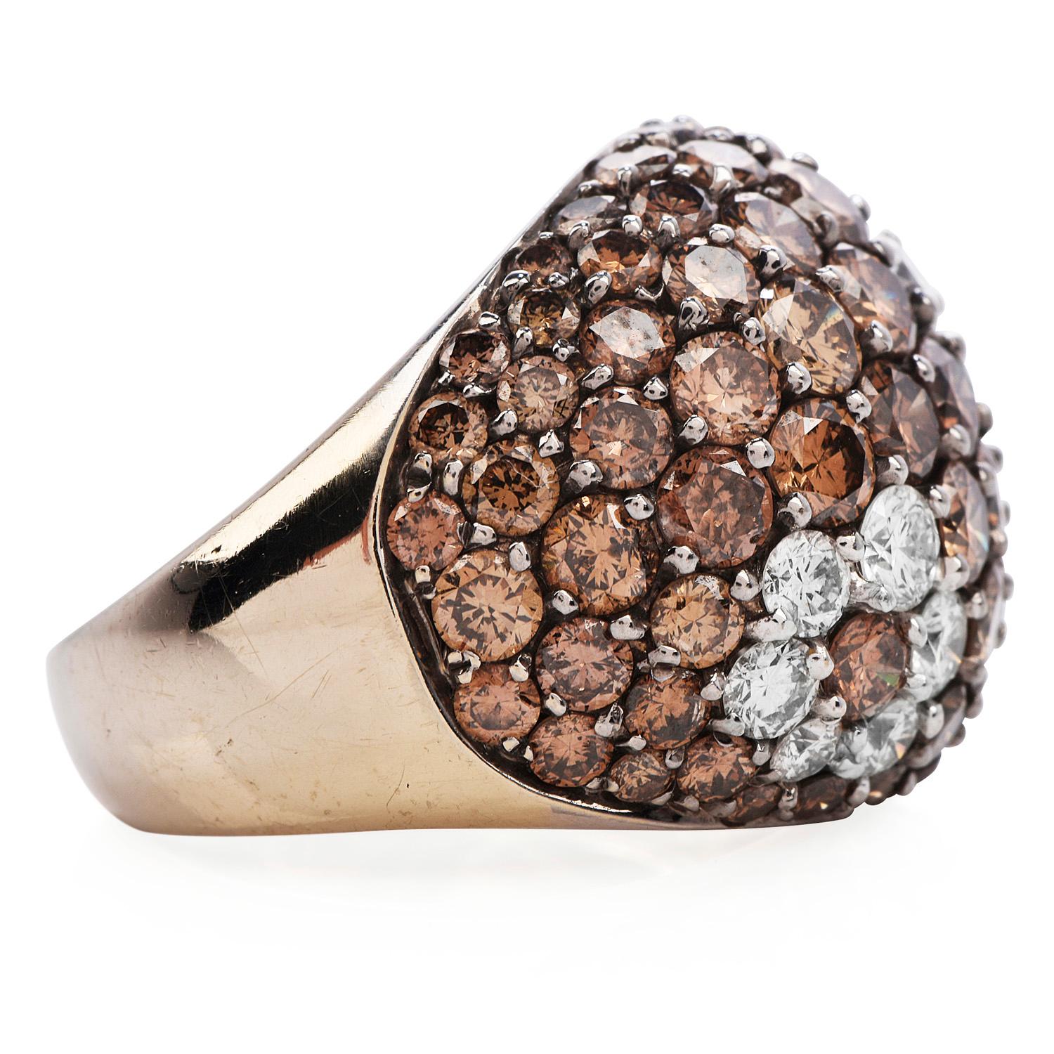 Round Cut Modern Bombe Fancy Brown Orange Diamond 18K Gold Wide Cocktail Dome Ring For Sale